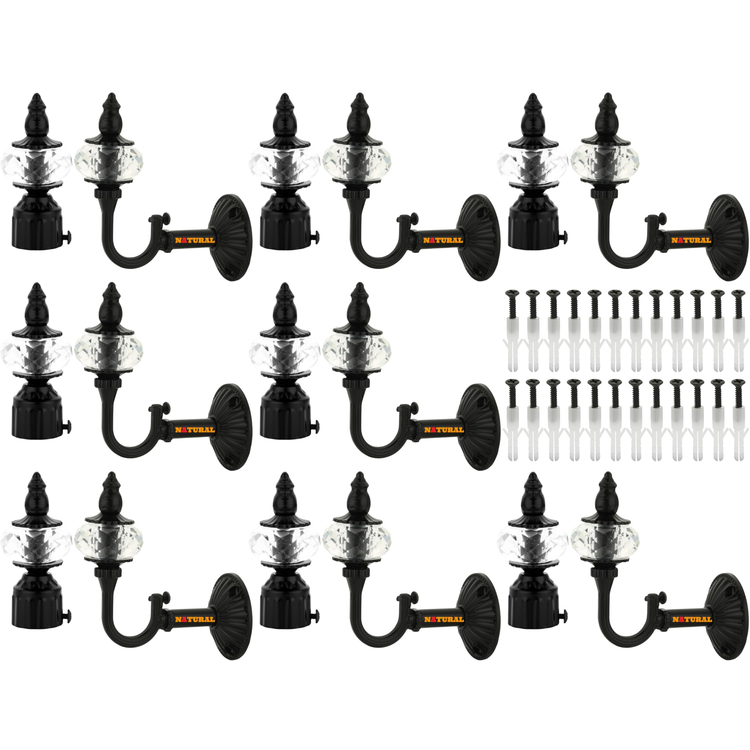 NATURAL Heavy Duty Aluminum Royal Luxury Design Curtain Bracket/Finial and Curtain Support with Screw/Wallplug for Window & Door Curtain Fittings Suitable Upto 1 Inch Pipe. (8 Set, Black MATT)