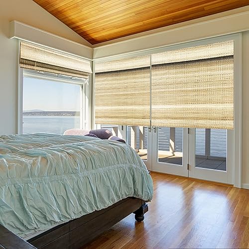 Miniatura 8 de LANTIME Persianas romanas de madera sin cordón, opacas de bambú, color camello del Sahara