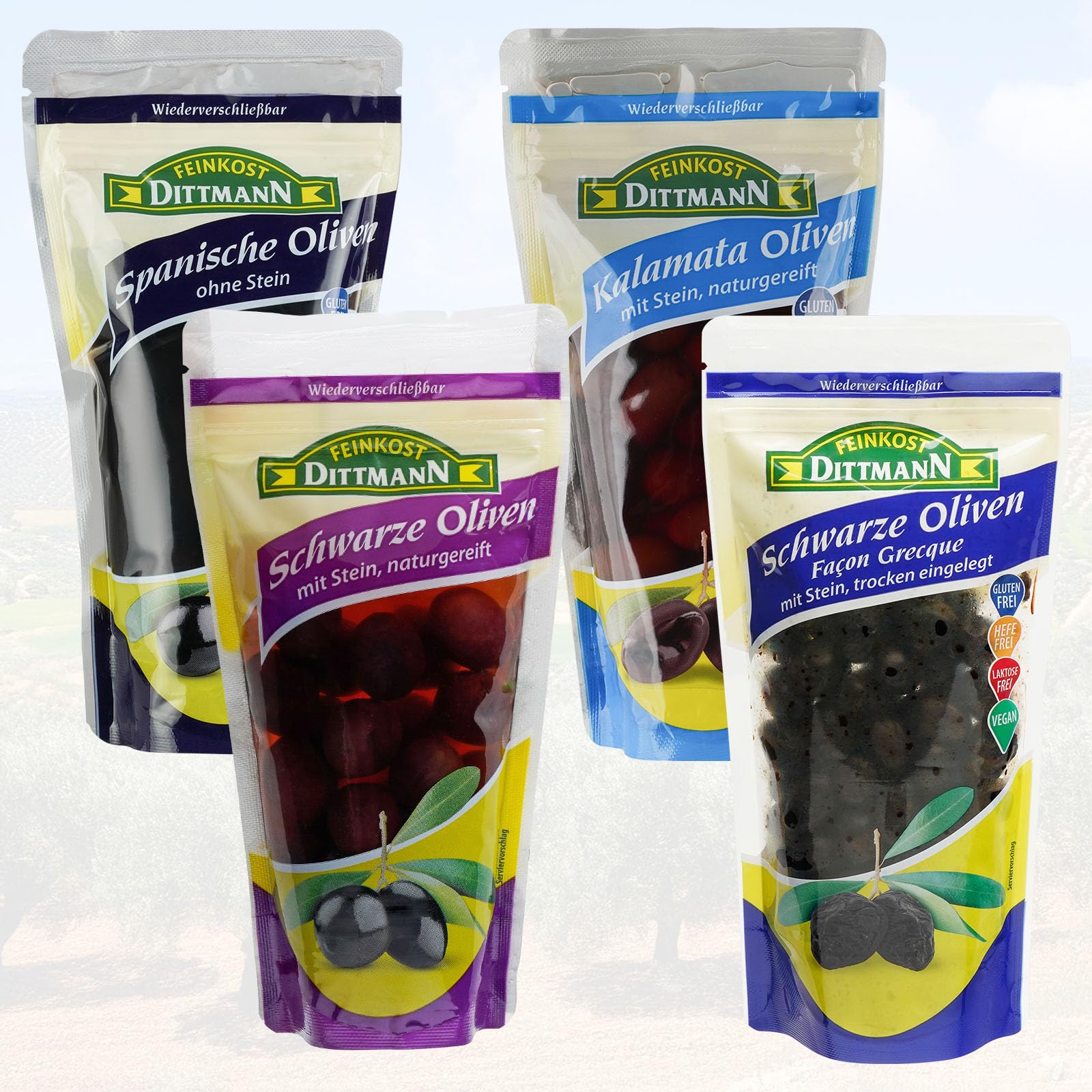 Feinkost Dittmann Naturgereifte Oliven Schwarz Facon Greque mit Steinn 250g | Wiederverschließbarer Standbeutel, 10er Pack - Trocken eingelegte Schwarze Olivenfrucht - Ideal für Tapas, als Snack uvm.