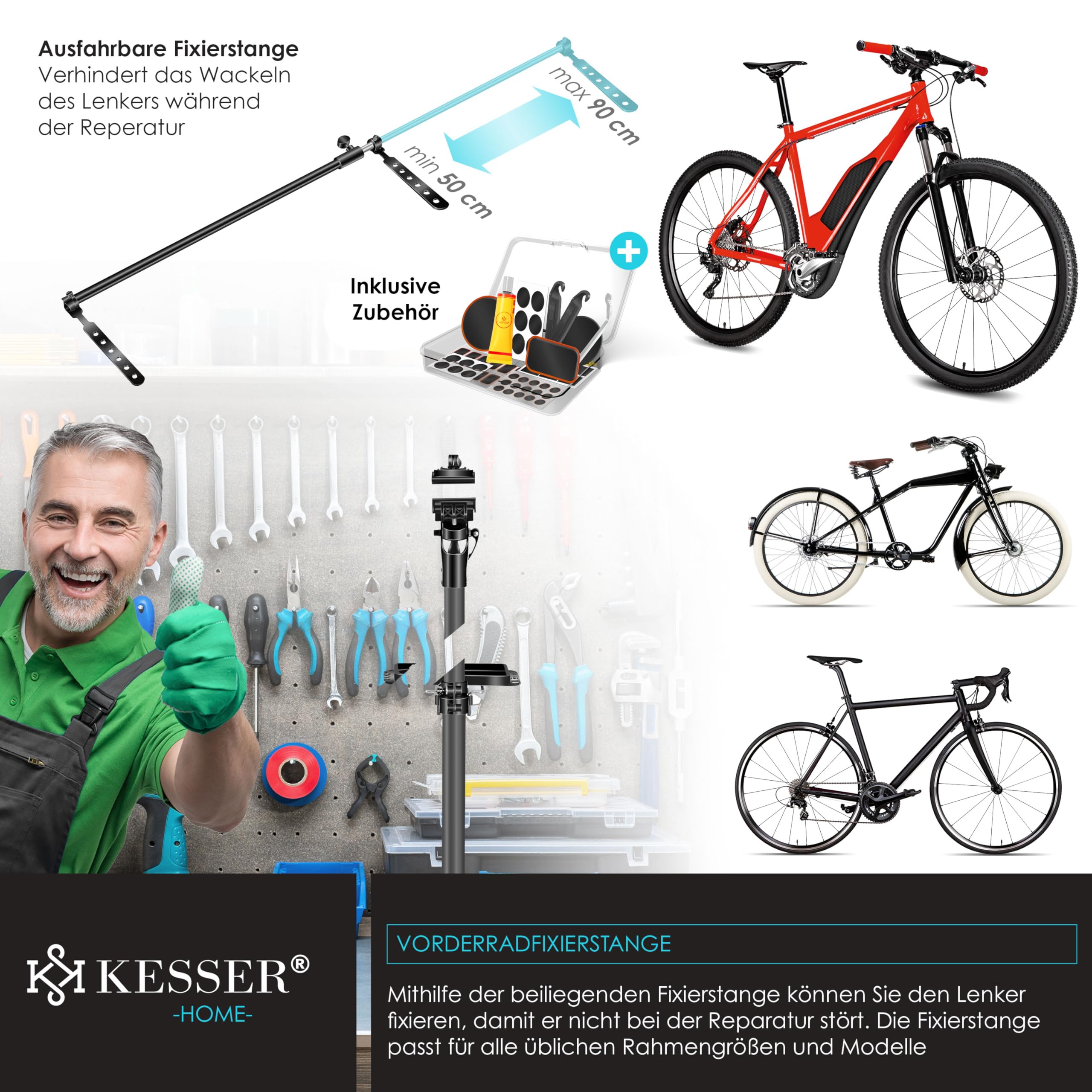 KESSER® Fahrradmontageständer Profi Alu Reparaturständer für Fahrräder Mountainbikes E-Bikes Schwerlast-Montageständer Fahrradständer 360° drehbar + Tasche, Flickzeug Set & magnetische Werkzeugablage