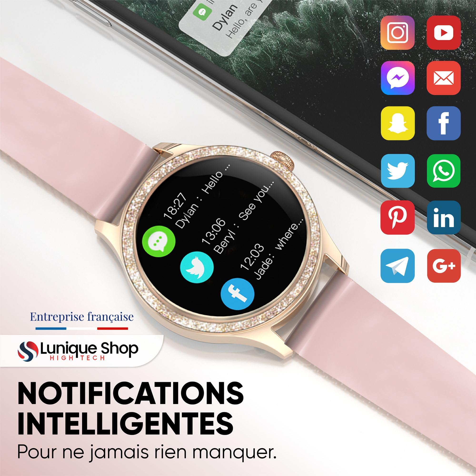 Montre Connectée Femme LSLUXE Brillante | Montre Tension Arterielle | Smartwatch | Montre Podometre Femme | Fitness| Cardiofréquencemètre | Montre Intelligente iOS Android |Rose