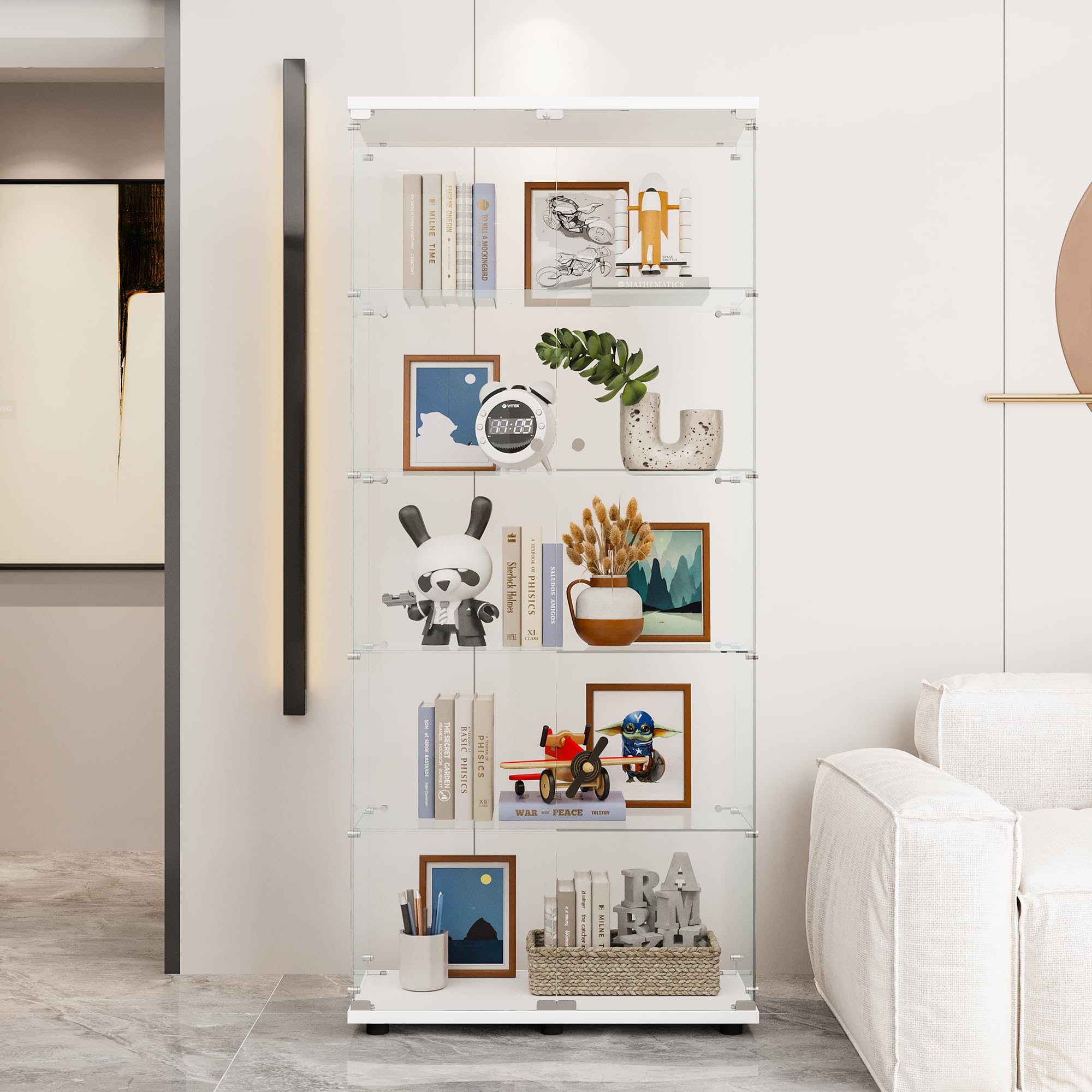 74" H 5-Shelf Glass Display Storage Cabinet with Double Door, Modern Curio Cabinet Collection Display Case, Floor Standing Bookshelf Glass Case with Lock for Living Room,Home Office (White)
