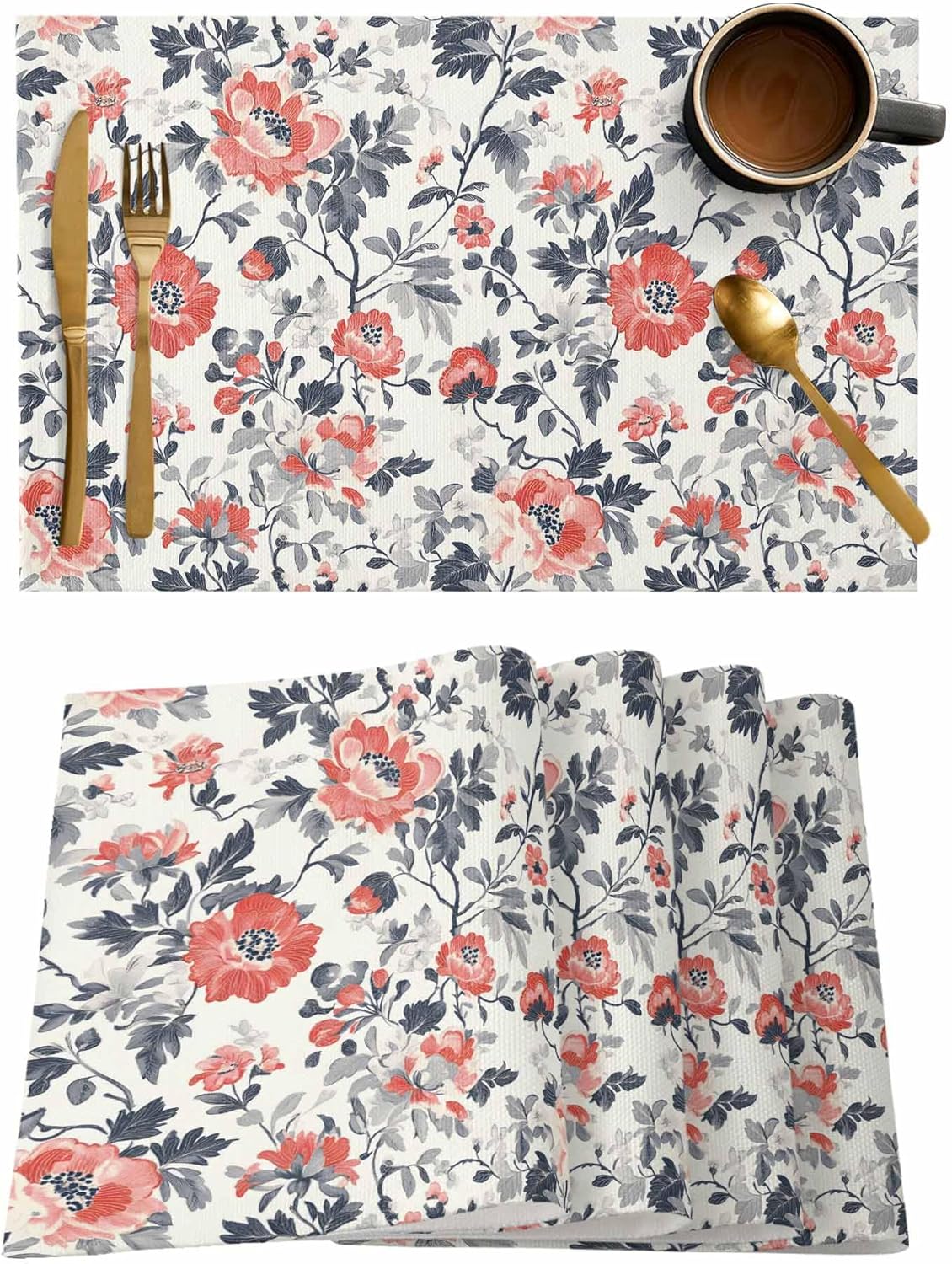 Floral Placemats Set of 6, Red Flower Gray Plant Ink Painting Cotton Linen Table Mats Non-Slip Washable Botanical Print Placemat for Holiday Banquet Dining Kitchen Table Decor