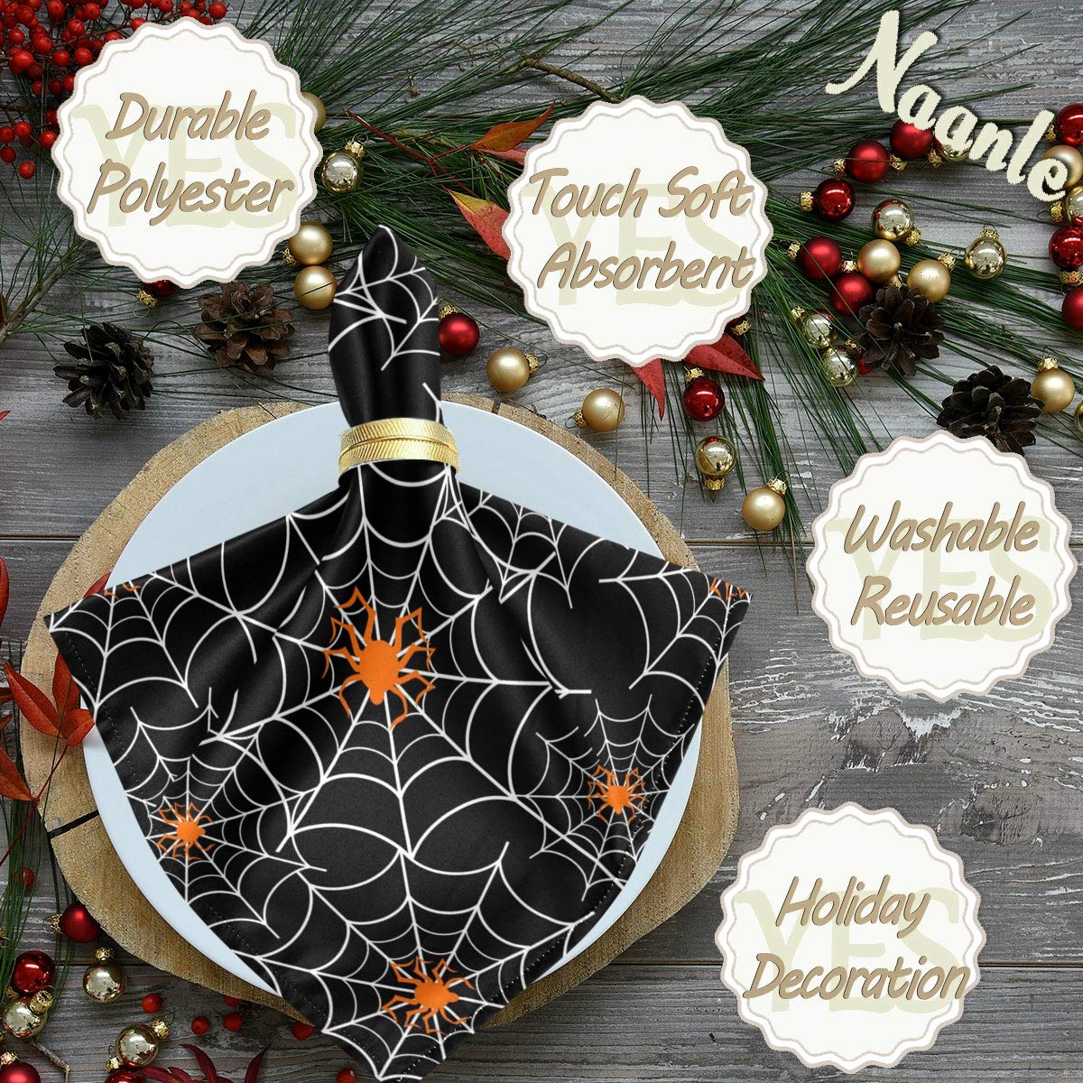 Naanle Halloween Cloth Napkins Dinner Table Napkins Set of 4, Spider Web Solid Washable Reusable Polyester Napkins with Hemmed Edges for Home Holiday Party Wedding Oversized 20 x 20 in