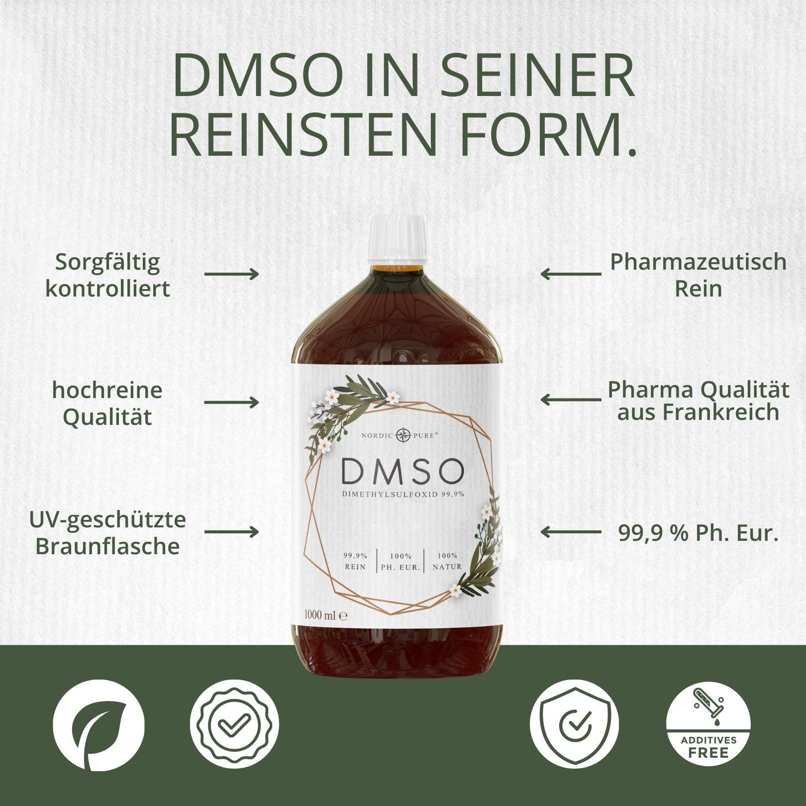 DMSO 1000ml in 99,9% pharmazeutischer Qualität & Reinheit - Unverdünntes Dimethylsulfoxid (DMSO) ph. EUR in lichtgeschützter Braunglasflasche - 1 Liter DMSO 99,9%
