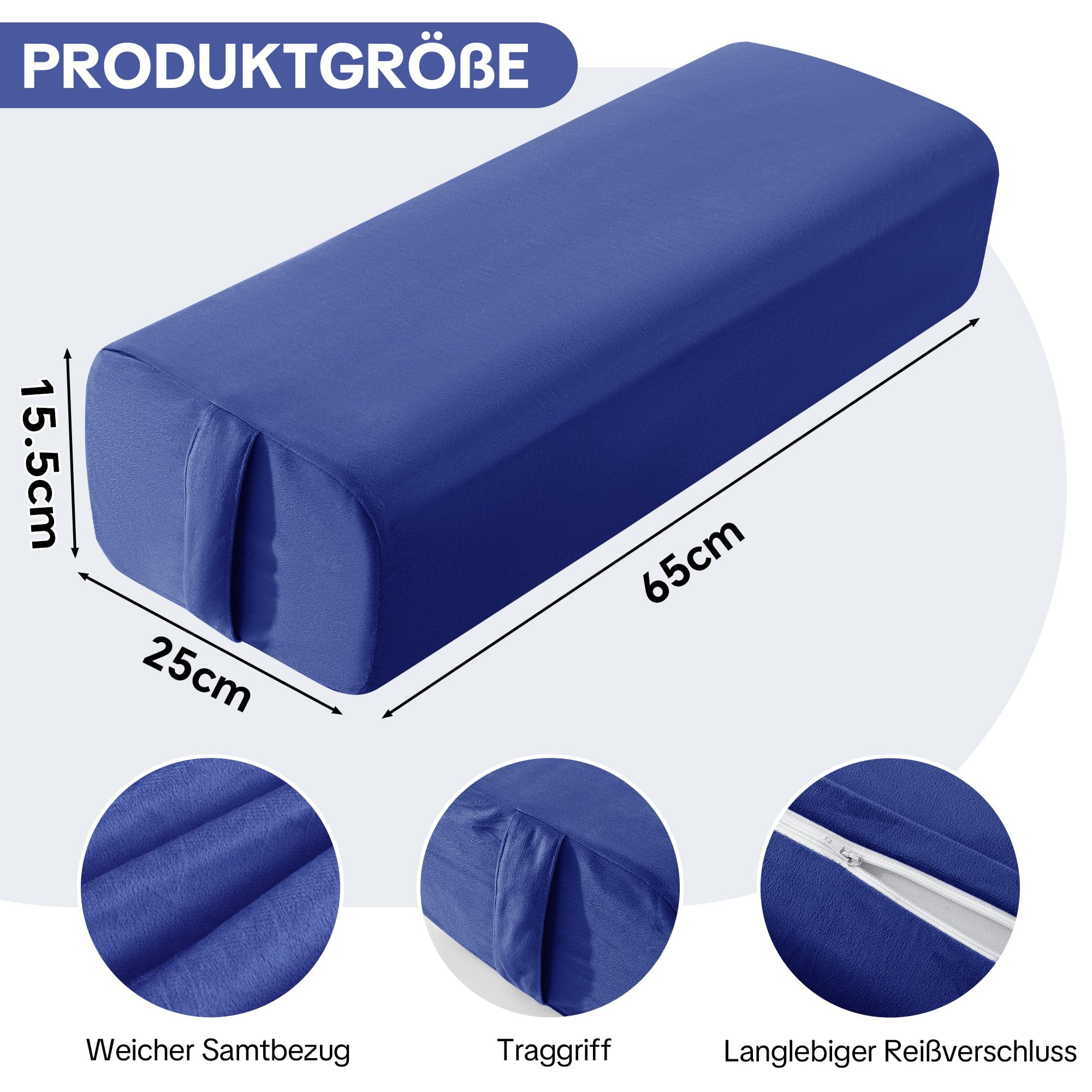Yoga-Bolster-Kissen, Rechteckiges Yoga-Bolster mit einteiligem Schaumstoffkern und Tragegriff, Meditationskissen mit waschbarem Bezug für Restorative Yoga & Meditation