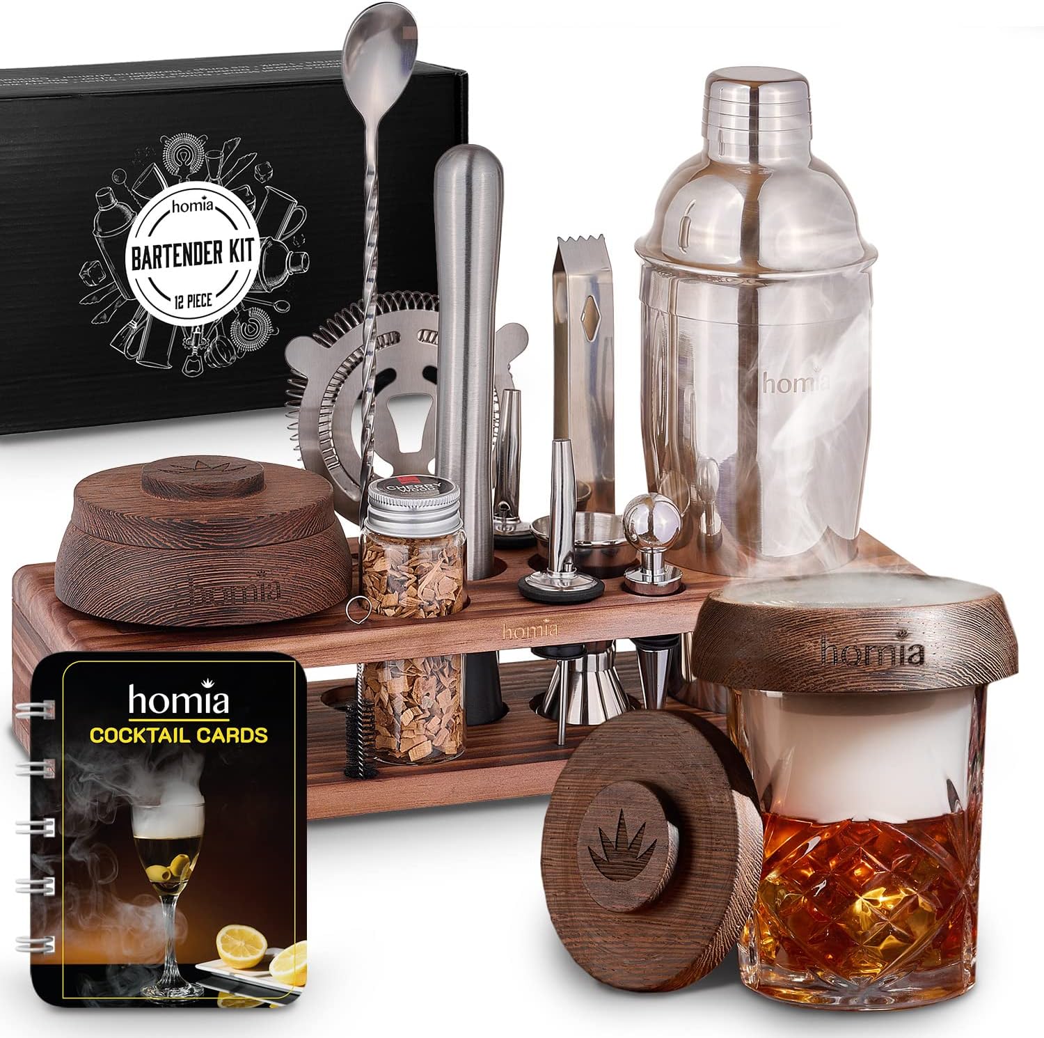 Bartender Kit with Pine Stand, Bar Set with Cocktail Shaker, Bartending Kit with Essential Bar Accessory Tools, 13 pcs, Steel