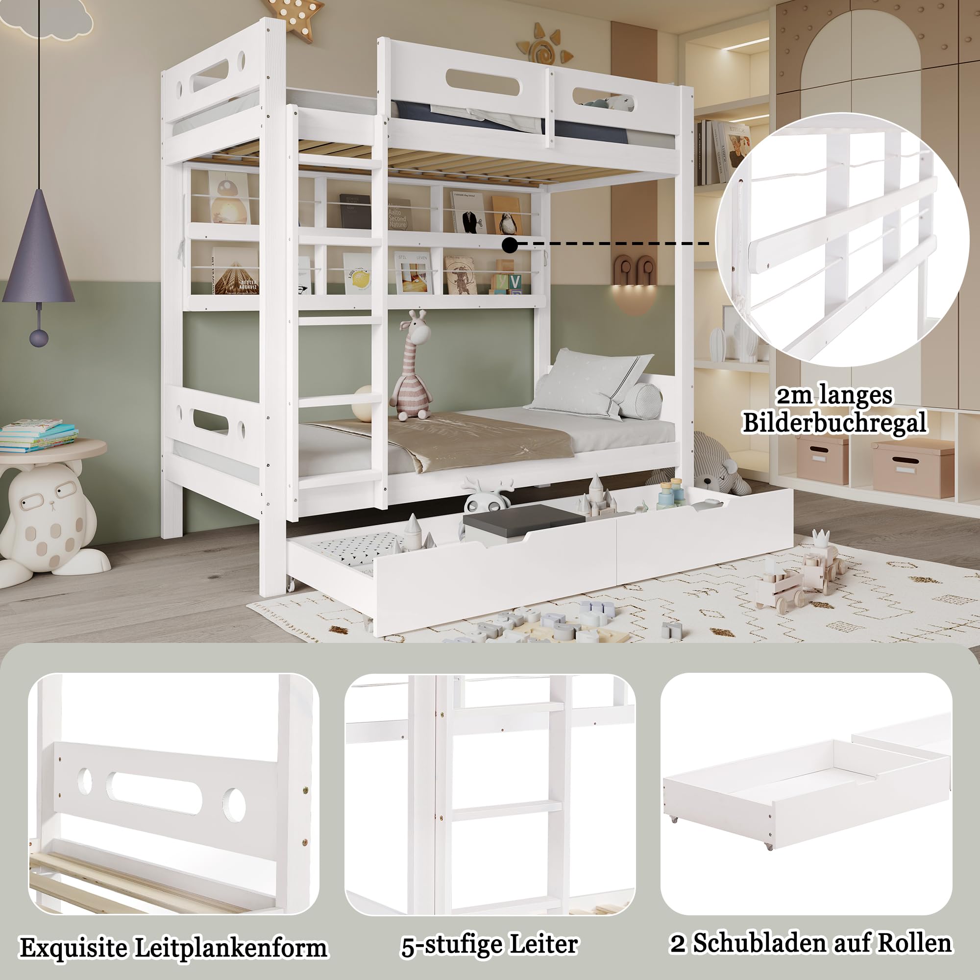 Letto a castello, 90 x 200 cm, lettino con rete anticaduta, due cassetti su ruote, scaffale aperto, scala a cinque livelli, ampio spazio di archiviazione, pino+MDF, bianco