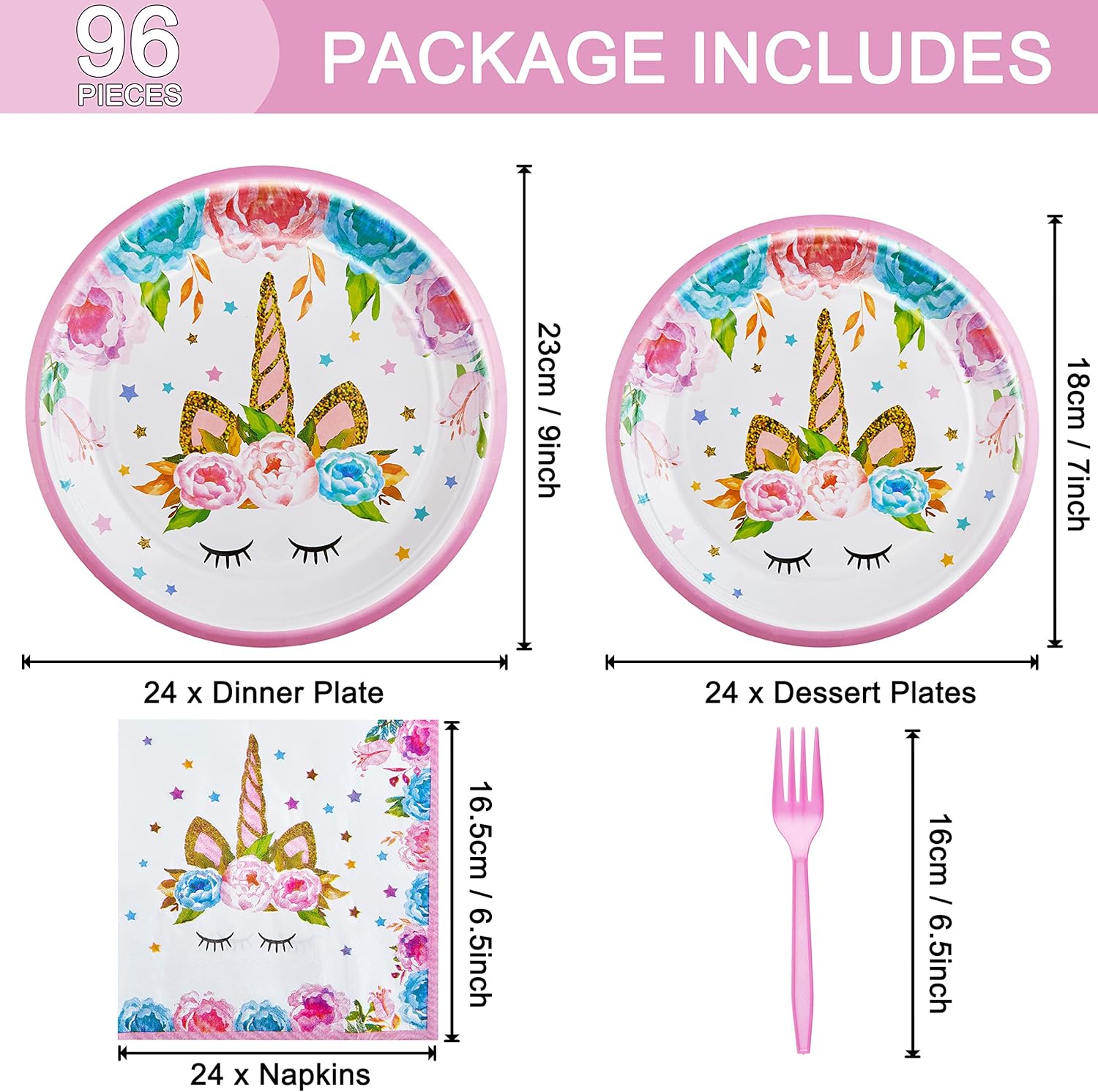 96 Pcs Birthday Party Plates Napkins Forks Supplies Tableware Set Disposable Table Horned Horse Theme Decoration for Girl Birthday Party or Baby Shower, Serves 24 Guests - Image 2