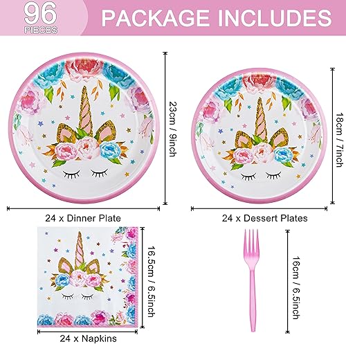 Miniatura 2 de Juego de 96 platos de unicornio para fiesta de cumpleaños, servilletas, tenedores, suministros de vajilla, juego de vajilla desechable, decoración