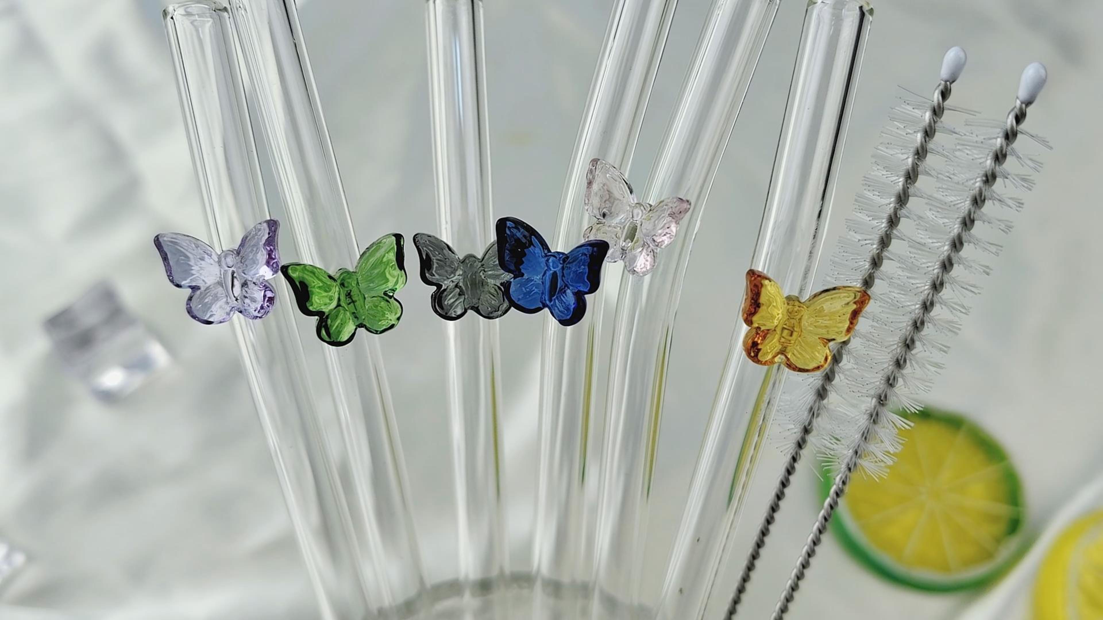 8 Pailles En Verre Réutilisables 20 Cm – Avec Décors Papillon & Floral + 2 Brosses, Pour Bubble Tea, Cocktails, Jus, Café