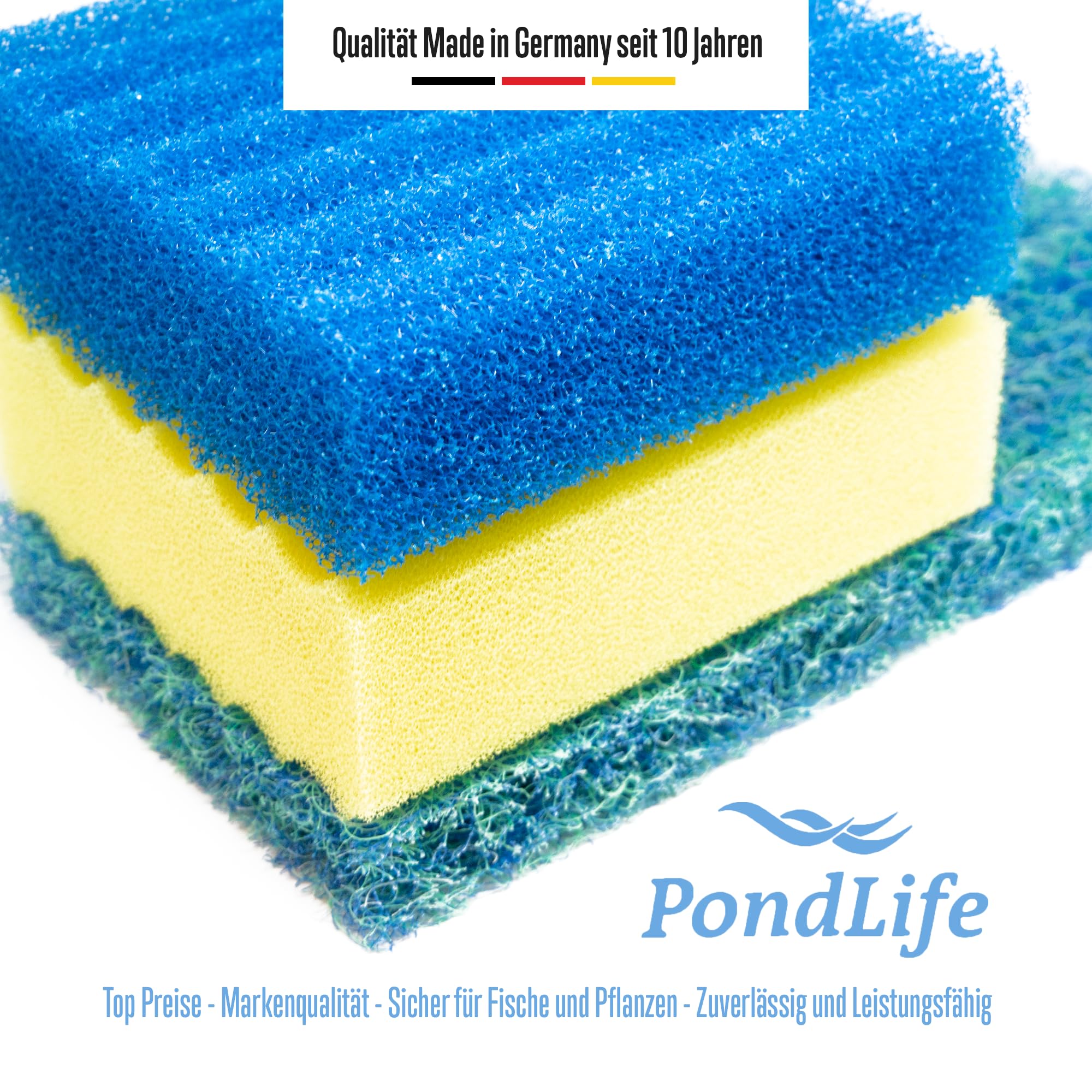 Pondlife CBF 350B Teichfilter Ersatzschwamm- & Japanmatte-Set, 2x4 Filterschwämme, 2 Japanmatten, passgenau für Kammerfilter CBF 350B, Komplett-Set mit 250 ml Filterstarter, Filterschaum blau/gelb