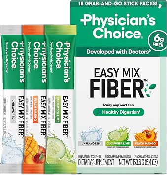 Physicians CHOICE Easy Mix Fiber Stick Packs - GLP-1 Friendly, No Grit, Daily Prebiotic Fiber Powder for Digestive Health & Regularity - On the Go Travel Variety Pack for Women & Men - 18 Count
