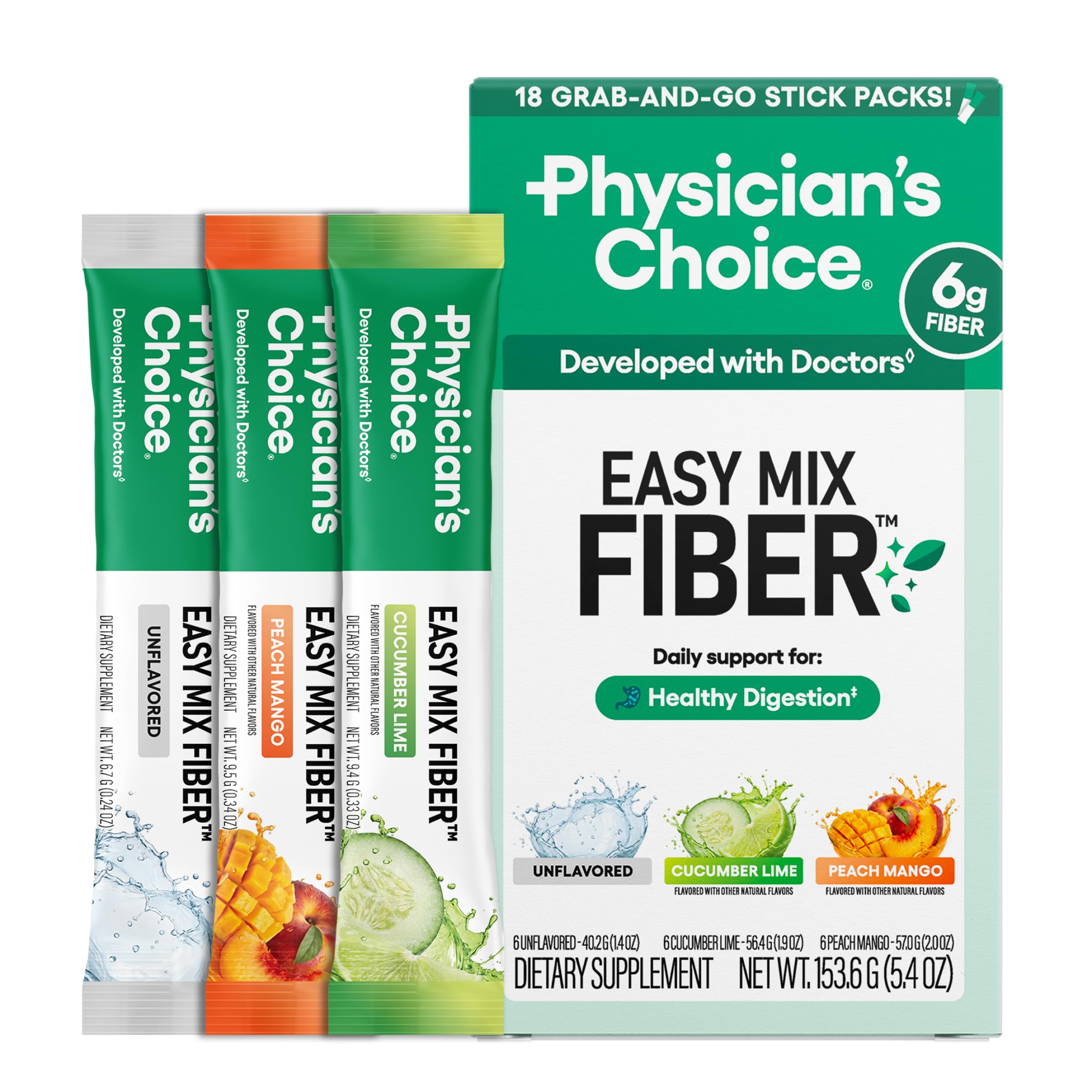 Physician's CHOICE Easy Mix Fiber Stick Packs - GLP-1 Friendly, No Grit, Daily Prebiotic Fiber Powder for Digestive Health & Regularity - On the Go Travel Variety Pack for Women & Men - 18 Count
