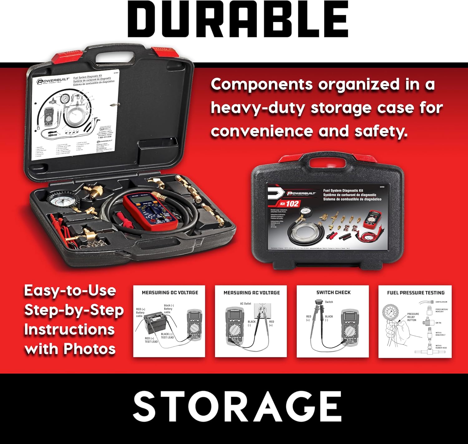 Powerbuilt Fuel System Diagnostic Kit, Pressure Test Gauge, Electrical System Issues, Adapters, Test Leads, Multimeter, Storage Case - 647959