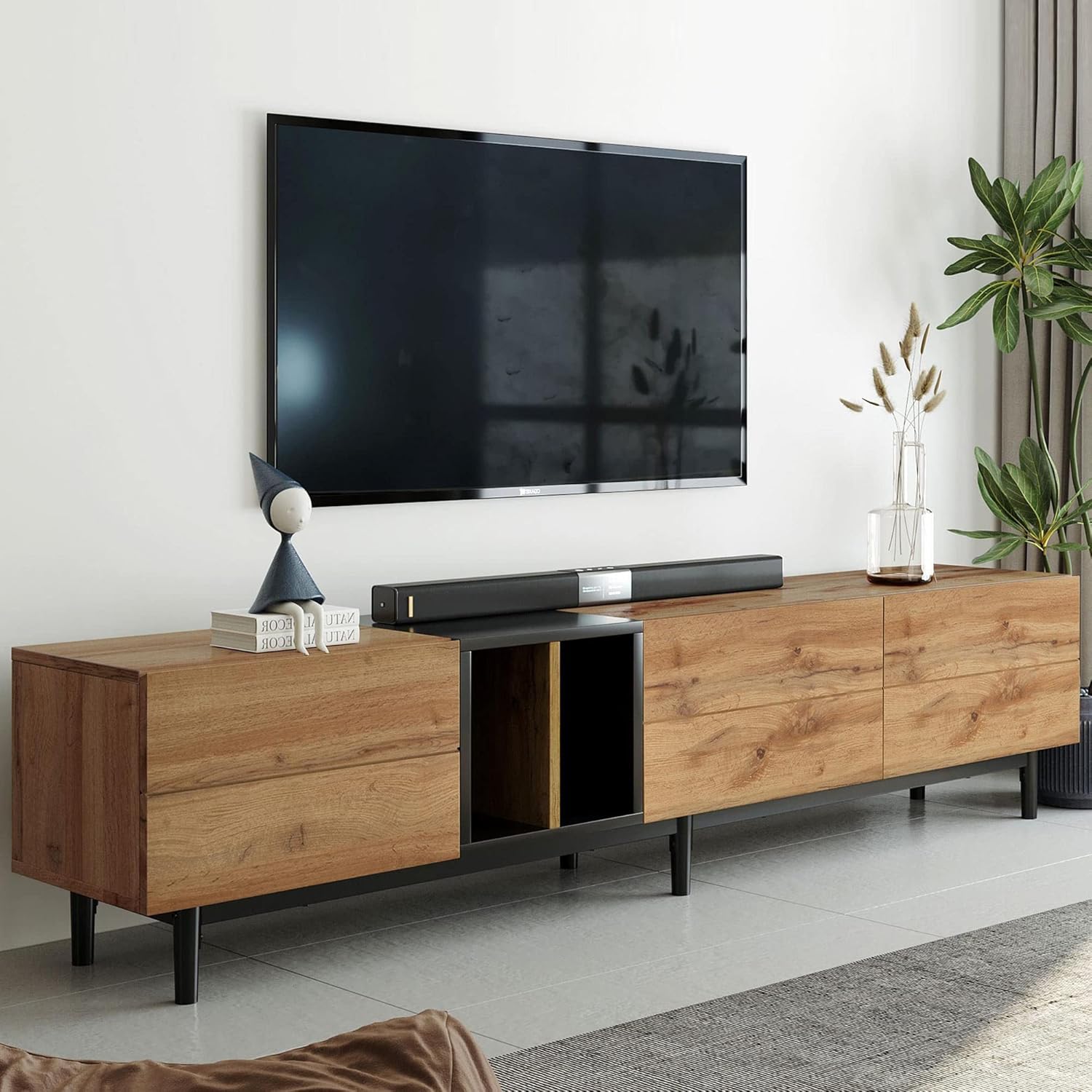 LUMISOL Modern TV Console Table for 80" TV, TV Stand with 3 Cabinets and Open Shelves, Wood Entertainment Center TV Media Table with Ample Storage for Living Room, Bedroom, Natural Wood