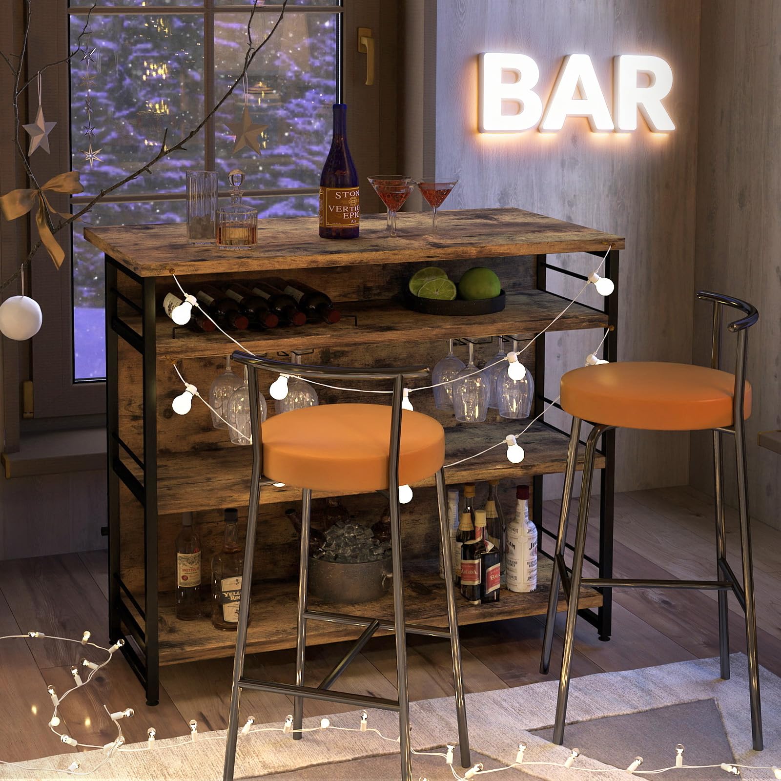 GIANTEX Ilot Central Cuisine avec Plan de Travail, Table de Bar à 4 Niveaux avec Porte-Bouteilles, Porte-gobelets, Casier à Vin et Supports pour Verres à Pied, 60 x 120 x 101 CM (Marron)