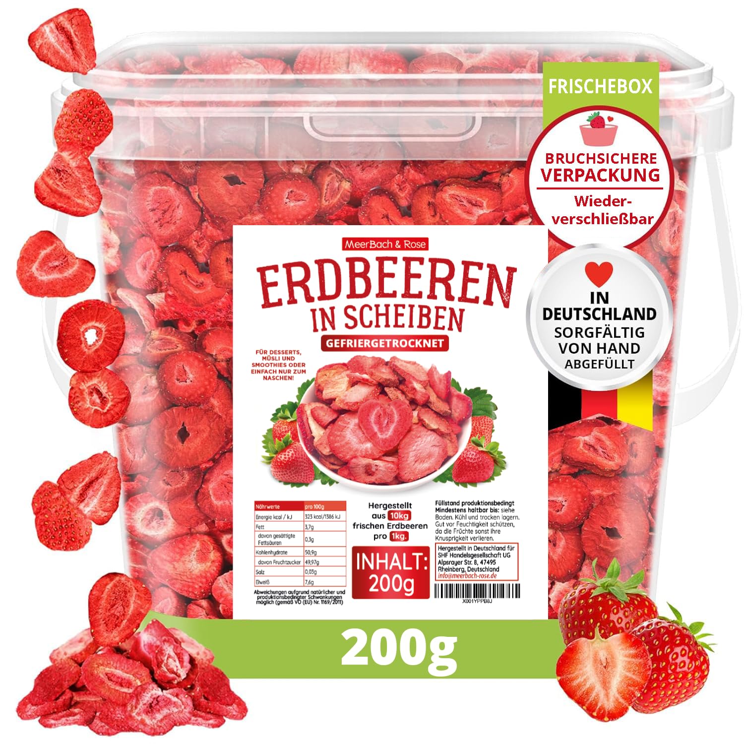 Gefriergetrocknete Erdbeeren 200g – 100% Frucht, ohne Zuckerzusatz – knusprige Erdbeerchips in SCHEIBEN – ideal für Müsli, Smoothie & Backen. Meerbach & Rose – Premium Qualität aus Deutschland.