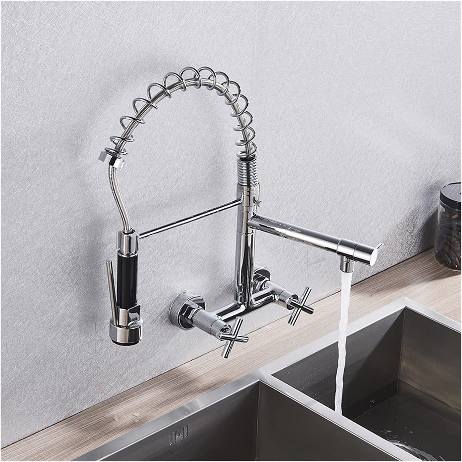 Chromowany mosiądz bateria kuchenna wyciągana podwójna wylewka bateria mieszająca ciepła i zimna woda bateria zlewozmywakowa obrotowa wylewka i stylowy design do nowoczesnych kuchni