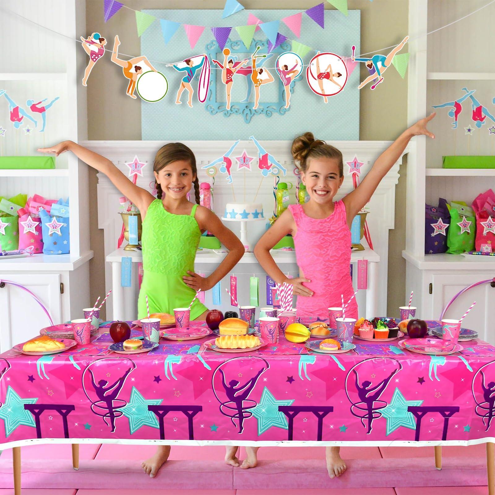 20 decorazioni per feste di compleanno e ginnastica, accessori per la vostra piccola ginnastica da danza con striscione con motivo ginnico, tovaglia, piatti, tovaglioli, stoviglie, palloncini