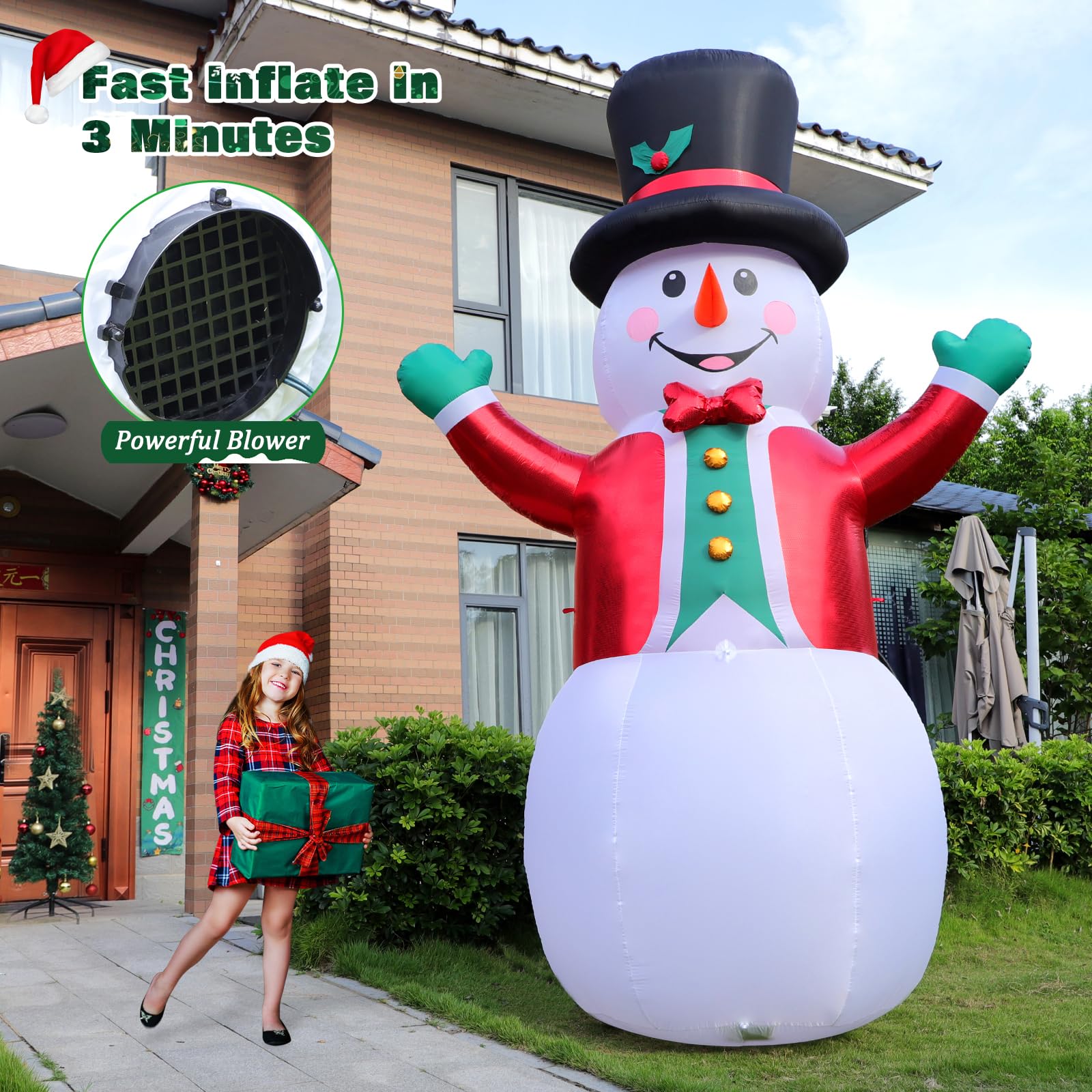 FunFanso Bonhomme de neige géant gonflable de 3,7 m - Bonhomme de neige gonflable - Chapeau magique et costume rouge - Lumières LED lumineuses intégrées pour vacances, pelouse, cour, jardin, terrasse