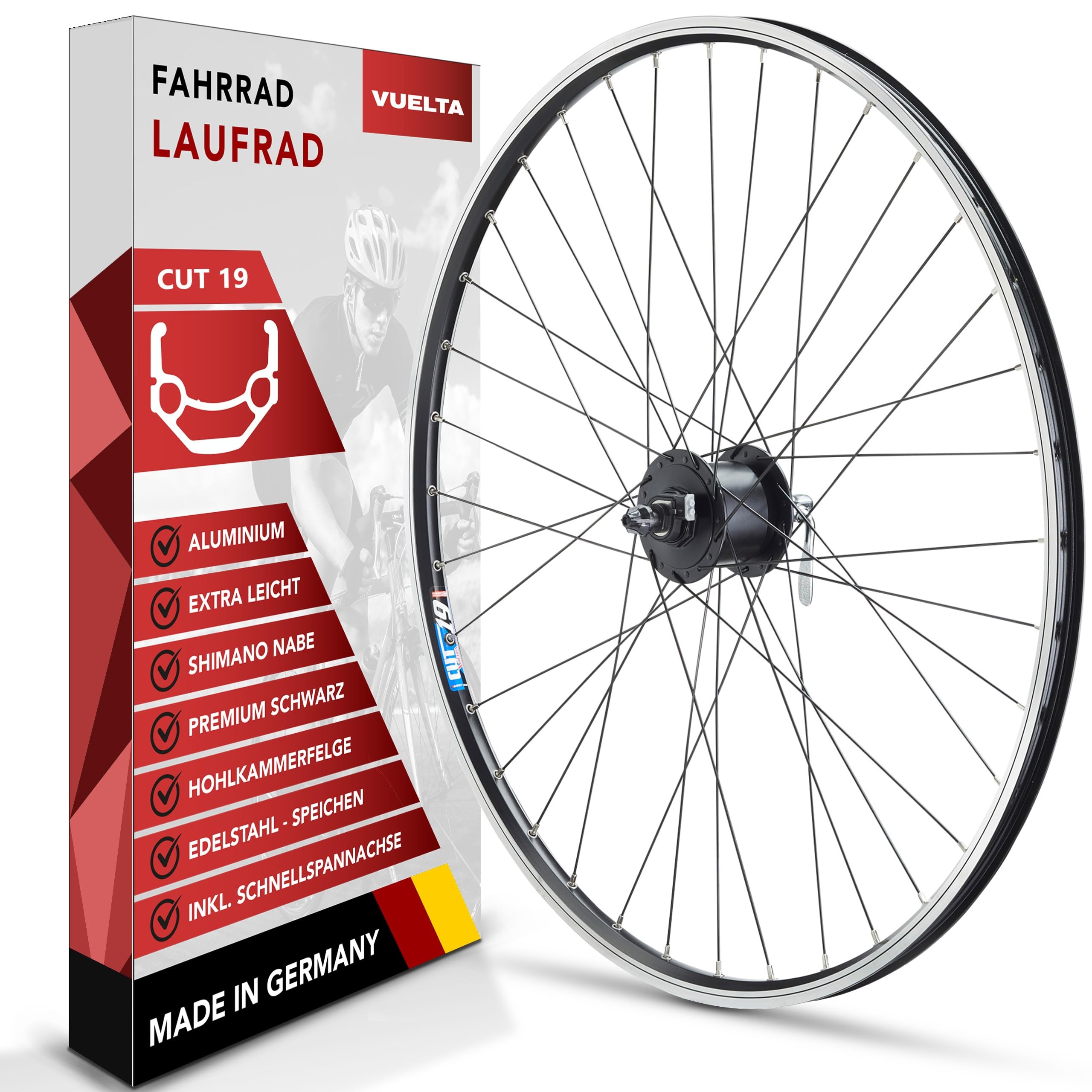 Vuelta Fahrradfelge 28Zoll Vorderrad inkl. Shimano Nabendynamo Nexus DHC30003 QR - Made in Germany - Vorderrad Felge mit V-Brakes/Felgenbremse, 622x19 - Fahrrad Rad Cut 19 Schwarz 32 Loch