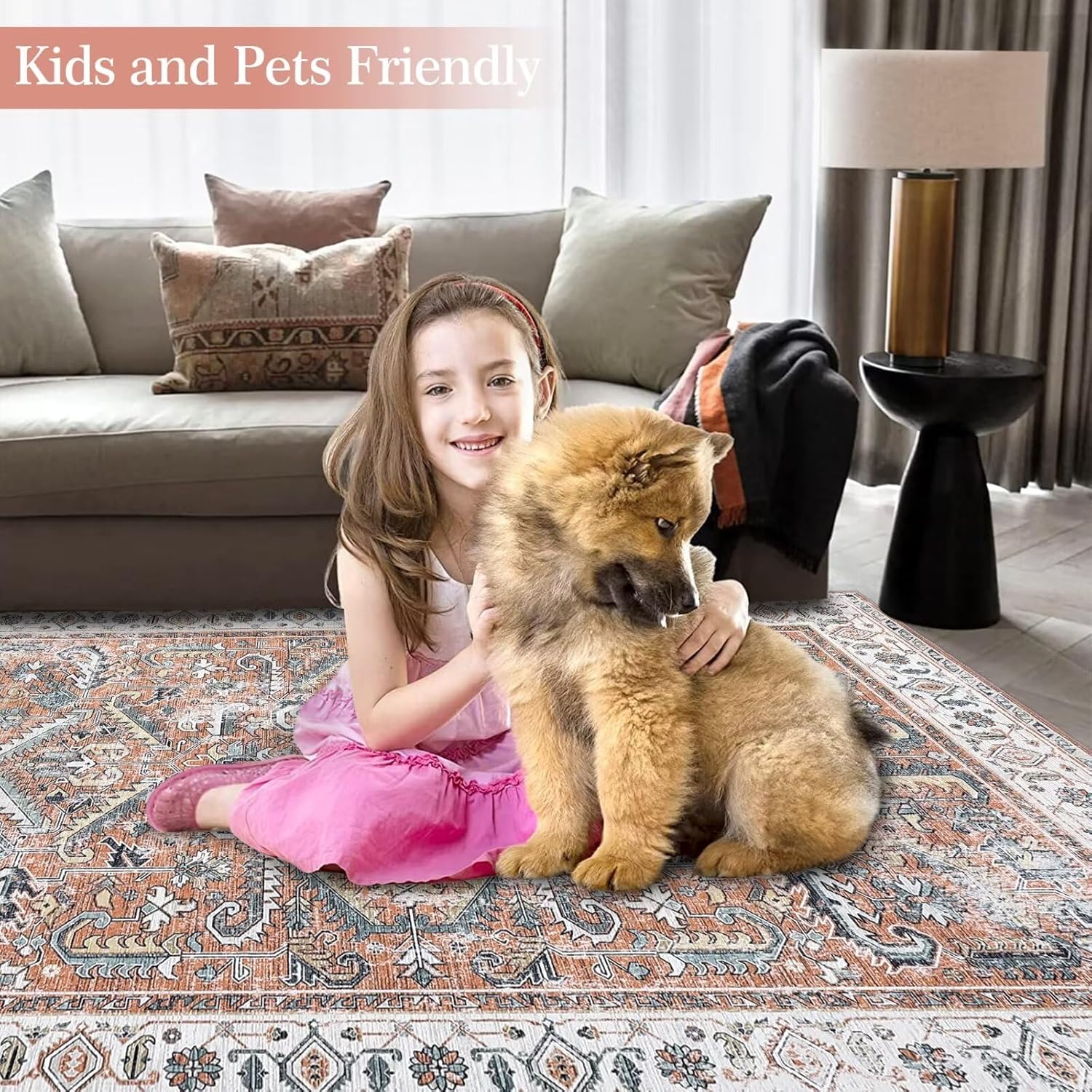 GAOMON Large Area Rug Vintage Rug Washable Rug Low Pile Thin Rug Non Slip Soft Rug Ultra-Thin Antique Collection Area Rug Contemporary Accent Carpet for Dining Room, Orange/Beige