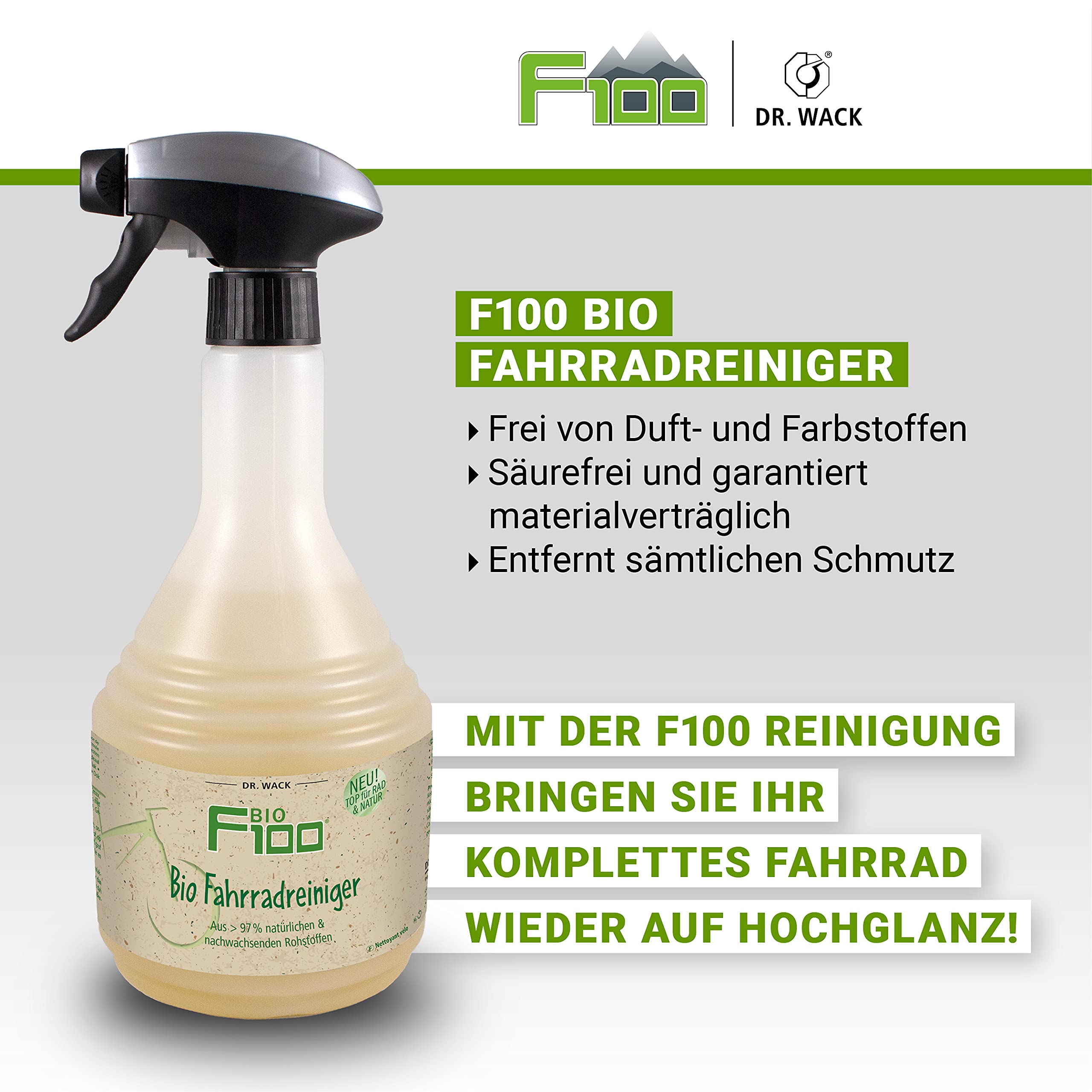 DR. WACK F100 Bio środek czyszczący do rowerów 750 ml – środek czyszczący do całego roweru – ekologiczny środek do pielęgnacji rowerów – spray do czyszczenia biodegradowalny i nie uszkadza materiału –