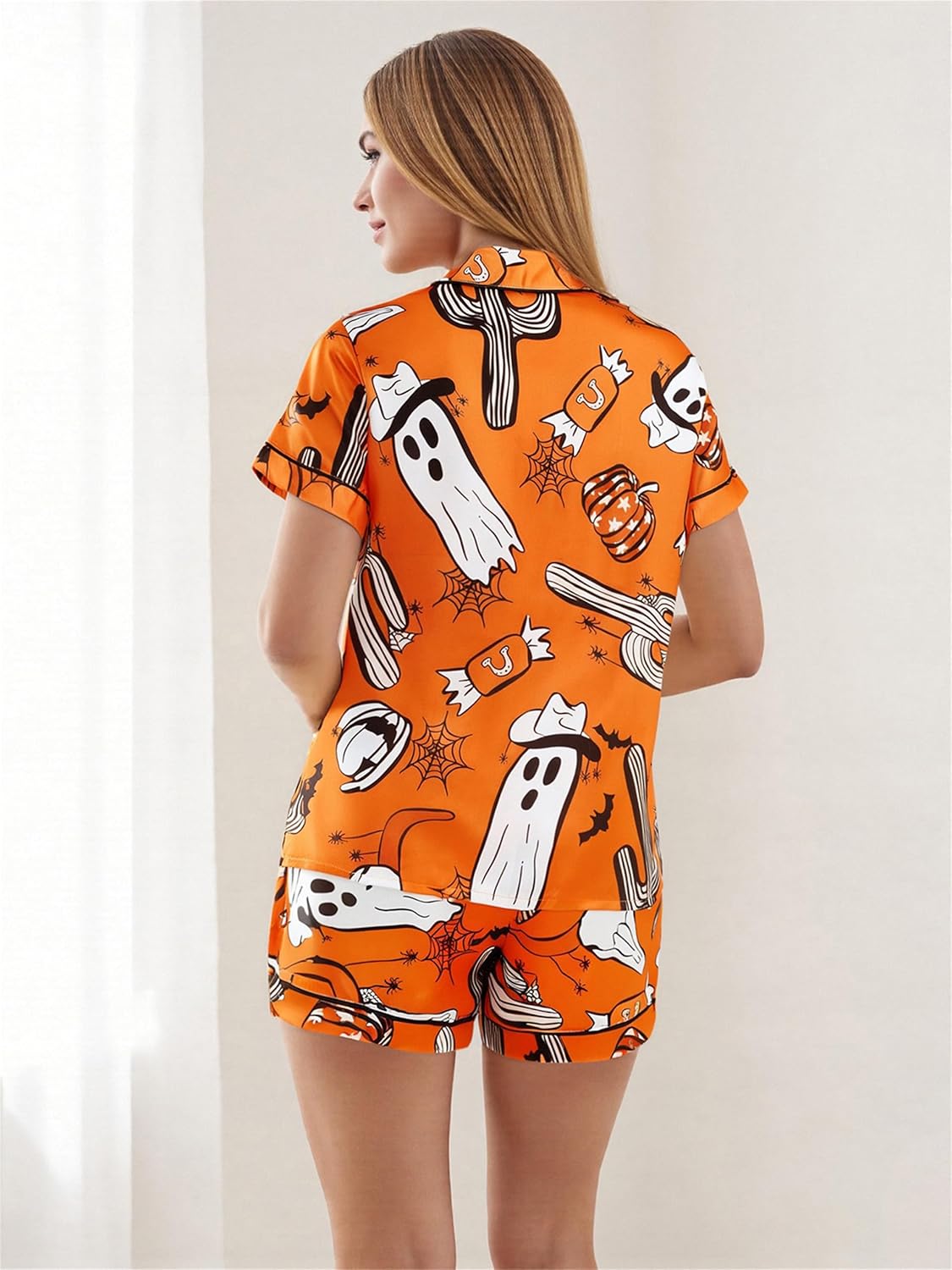 Raruxxin Women Halloween Pajamas Shorts Sets Pumpkin Print Short Sleeve Button Down Shirt Spooky 2 Piece Sleepwear Loungewear - Image 5