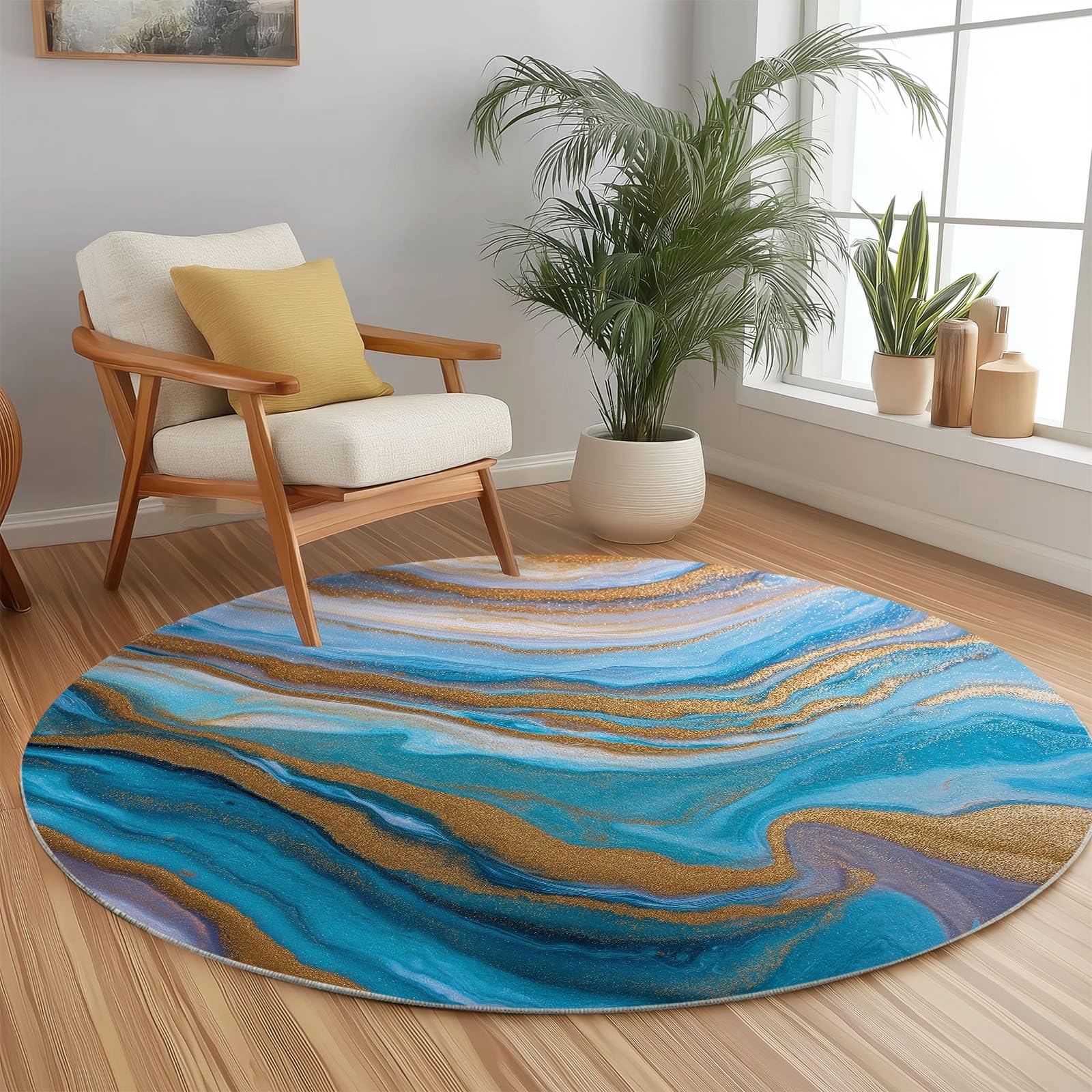 Générique Tapis Rond 100 cm Salon Vagues Océaniques en Marbre Bleu Et Or Lavable en Machine, Tapis Rond Abstrait Doux Descente de Lit Antidérapant pour Salle à Manger Bureau de Cuisine