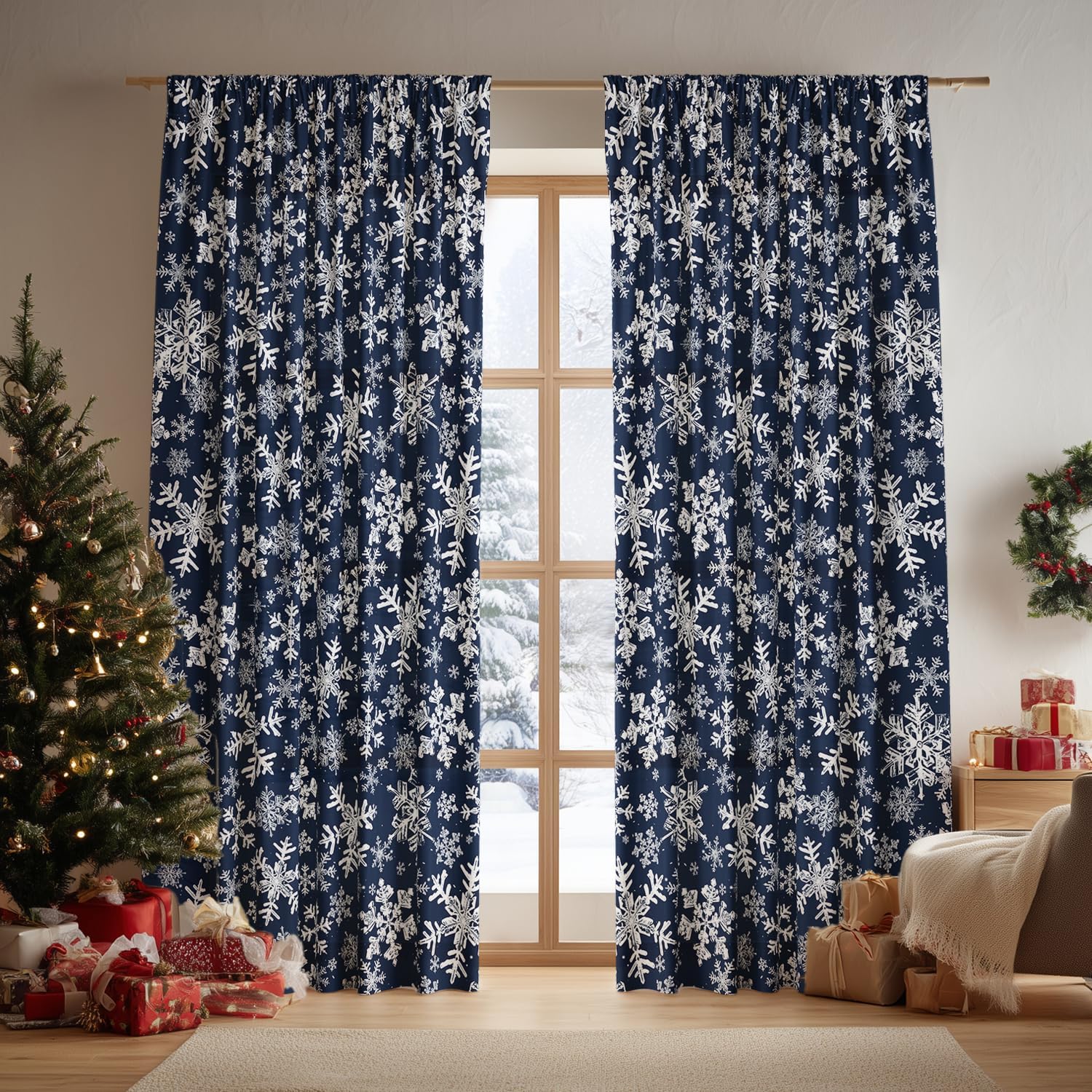 Horaldaily Christmas Sheer Curtains for Living Room and Bedroom, Snow Blue Foil Print Curtains, Holiday Window Drapes Decorations, 52" W x 63" L, Set of 2 Curtain Panels 52"W x 63"L (Pack of 2) Blue