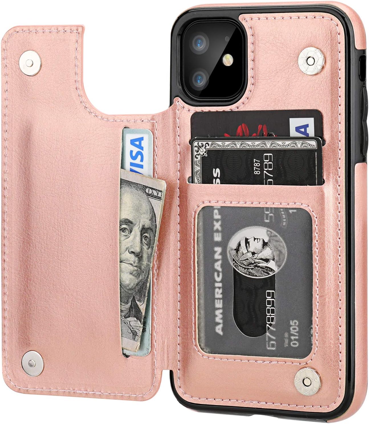 for iPhone 11 Wallet Case with Card Holder,OT ONETOP PU Leather Kickstand Card Slots Case,Double Magnetic Clasp and Durable Shockproof Cover for iPhone 11 6.1 Inch(Rose Gold)