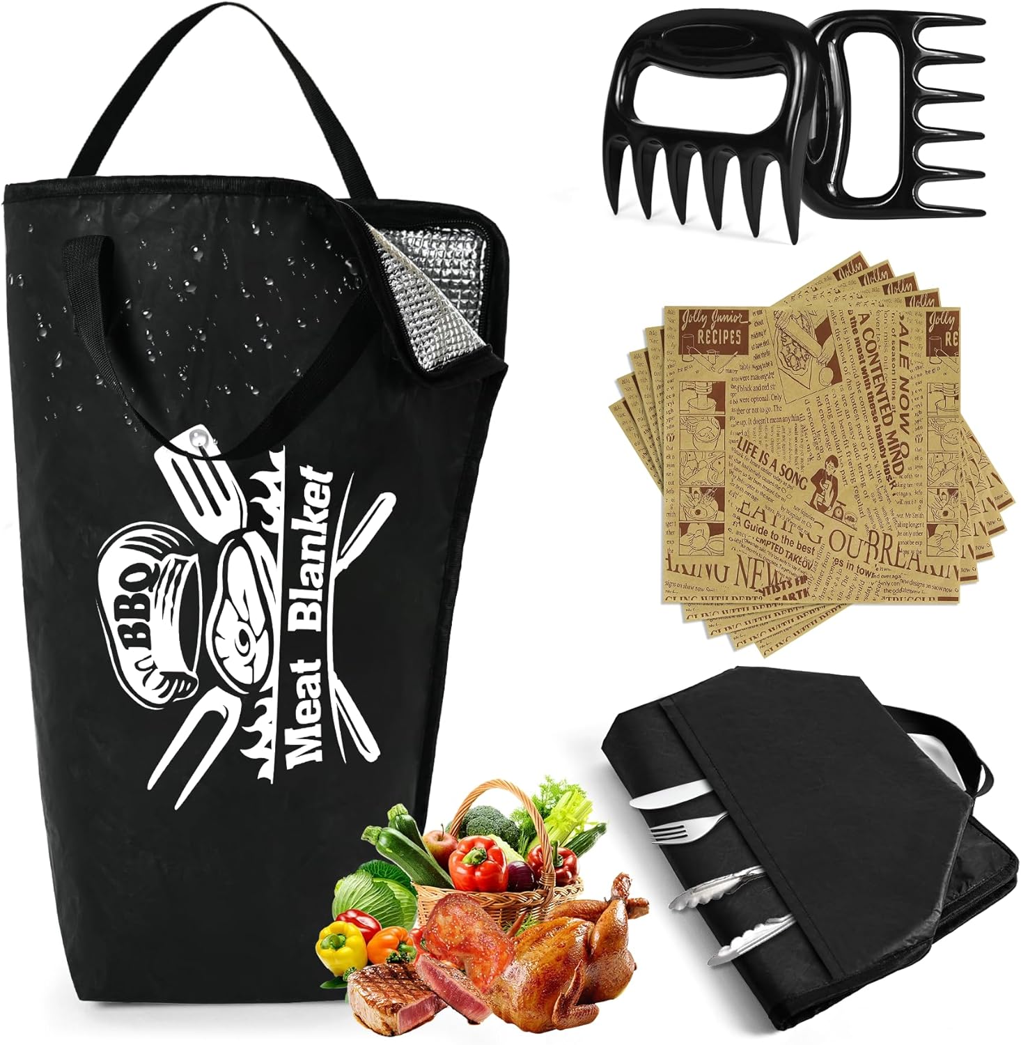 23 Pcs BBQ Blanket for Resting Meat 21" Smoker Meats Resting Bag Insulated Resting Bag with Wide Mouth Bear Paws Meat Claws Greaseproof Papers Reusable Smoker Grilling Accessories