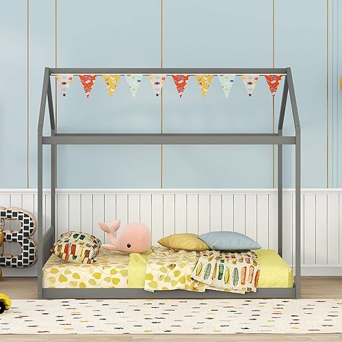 Miniatura 3 de Harper & Bright Designs Marco de cama de casa tamaño Queen, marco de cama Montessori de madera con cabecero, cama de piso para niños para niñas,