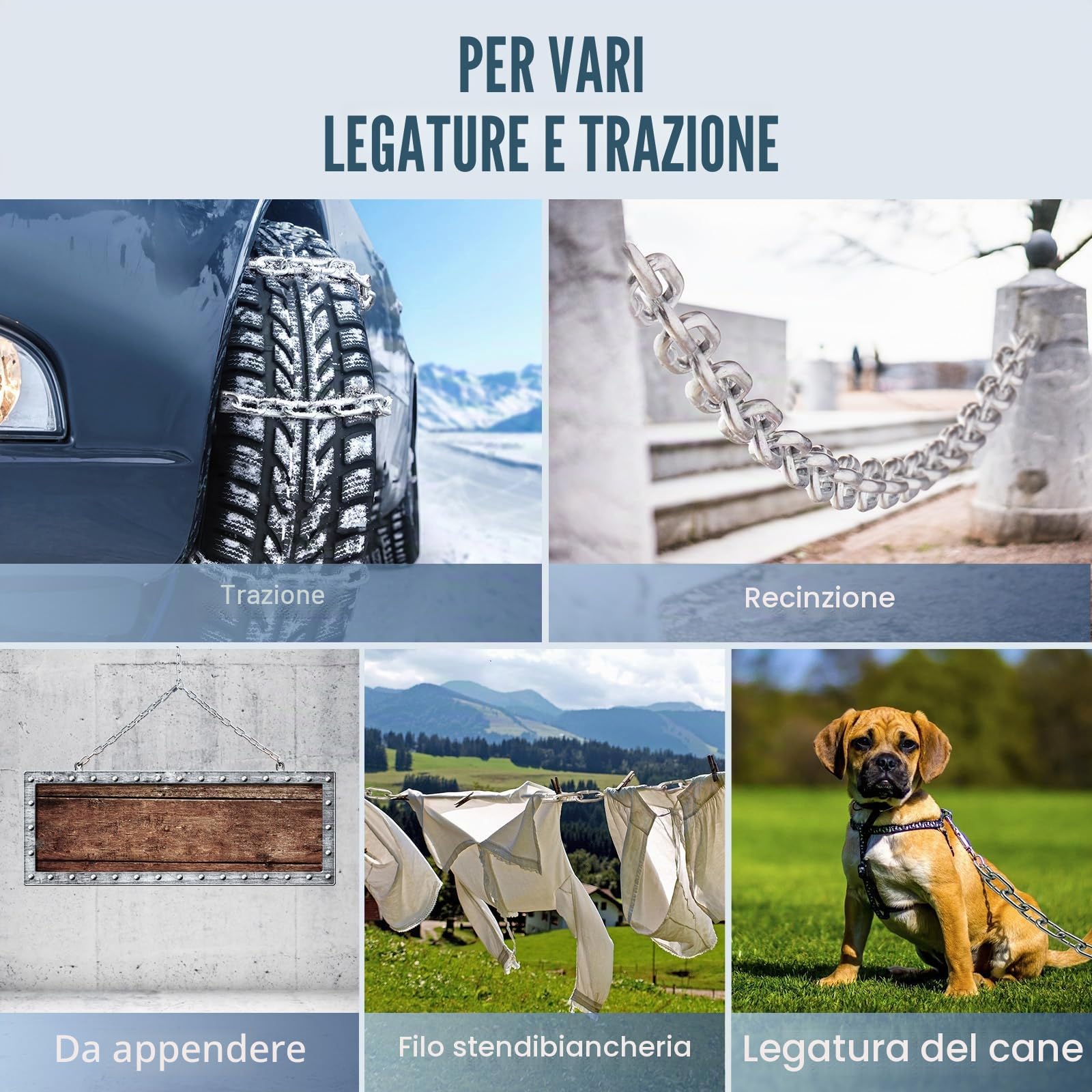 VEVOR Catena a maglie in acciaio al carbonio zincato, 5,1 mm x 76,2 m, Capacità di carico 498kg, Due connettori rapidi, Catena per traino, Sospensione, Campeggio, Catena per Traino Movimentazione