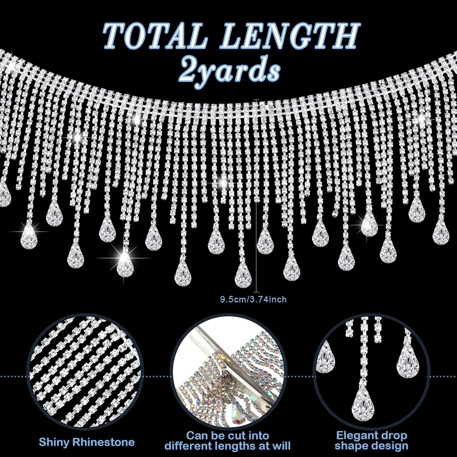 Juinte Rhinestone Fringe Trim Rhinestone Ribbon Tassel Chain Applique Diamond Crystal Tassel Fringe Trim for Sewing Crafts Clothing Accessories Jewelry DIY Decoration(2 Yards)