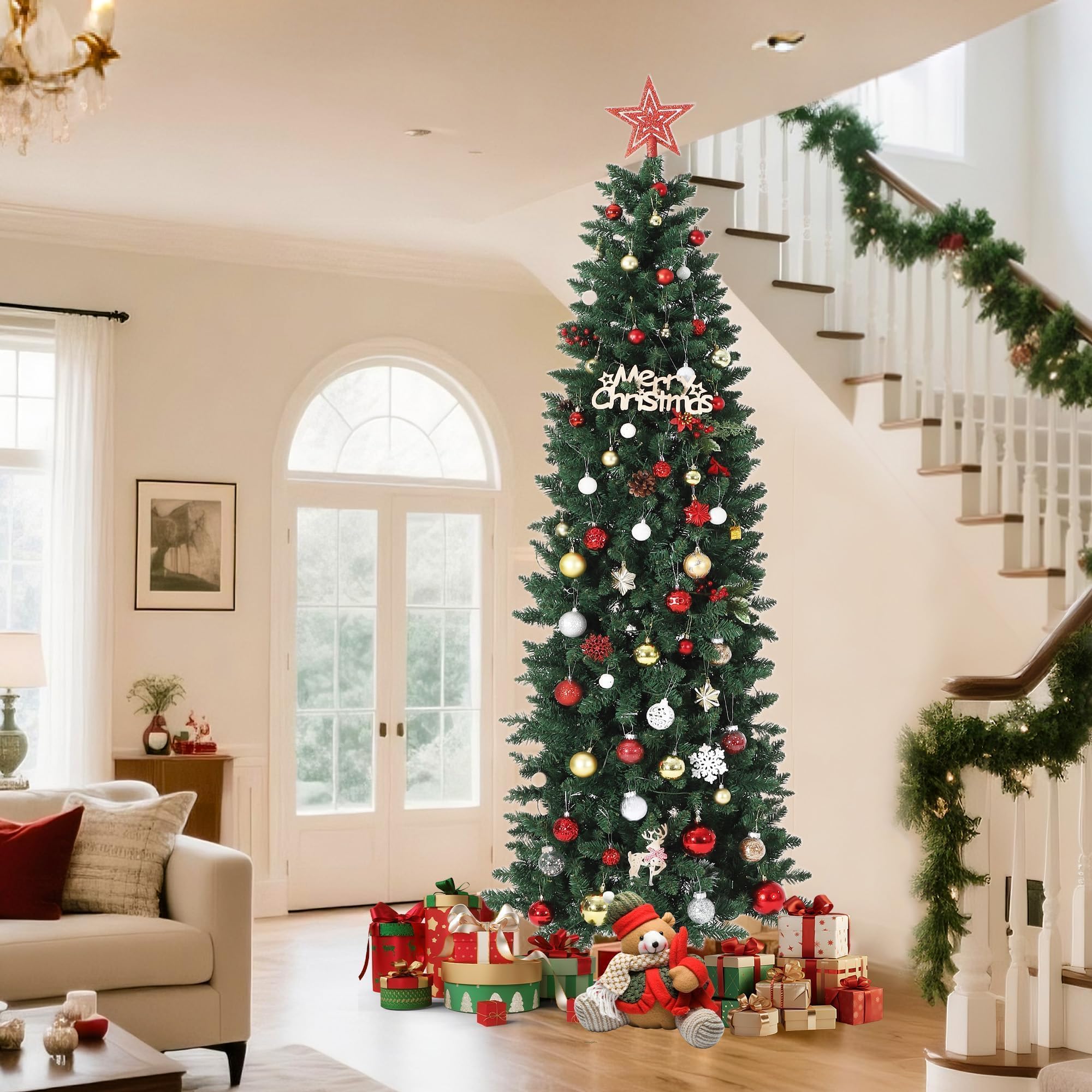 Albero di Natale Artificiale Pre-illuminato 230 cm con 250 LED Dimmerabili - 750+ Punte Verdi in PVC - Base in Metallo Stabile - 7.5FT