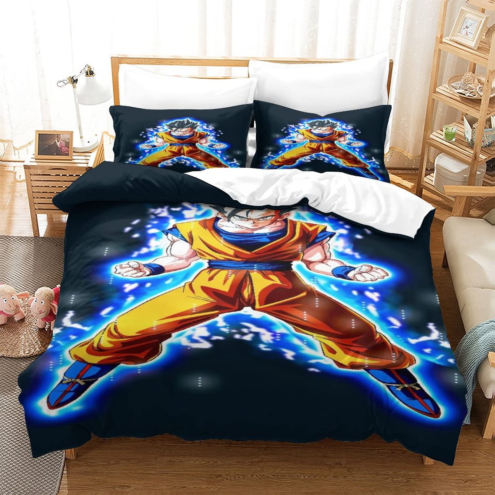 Goku Funda Nórdica, Juego Cama con Cierre De Cremallera, Anime Characters Funda De Edredón De Microfibra Suave Juego De Funda De Edredón para Adolescentes, Adultos Single（135x200cm）