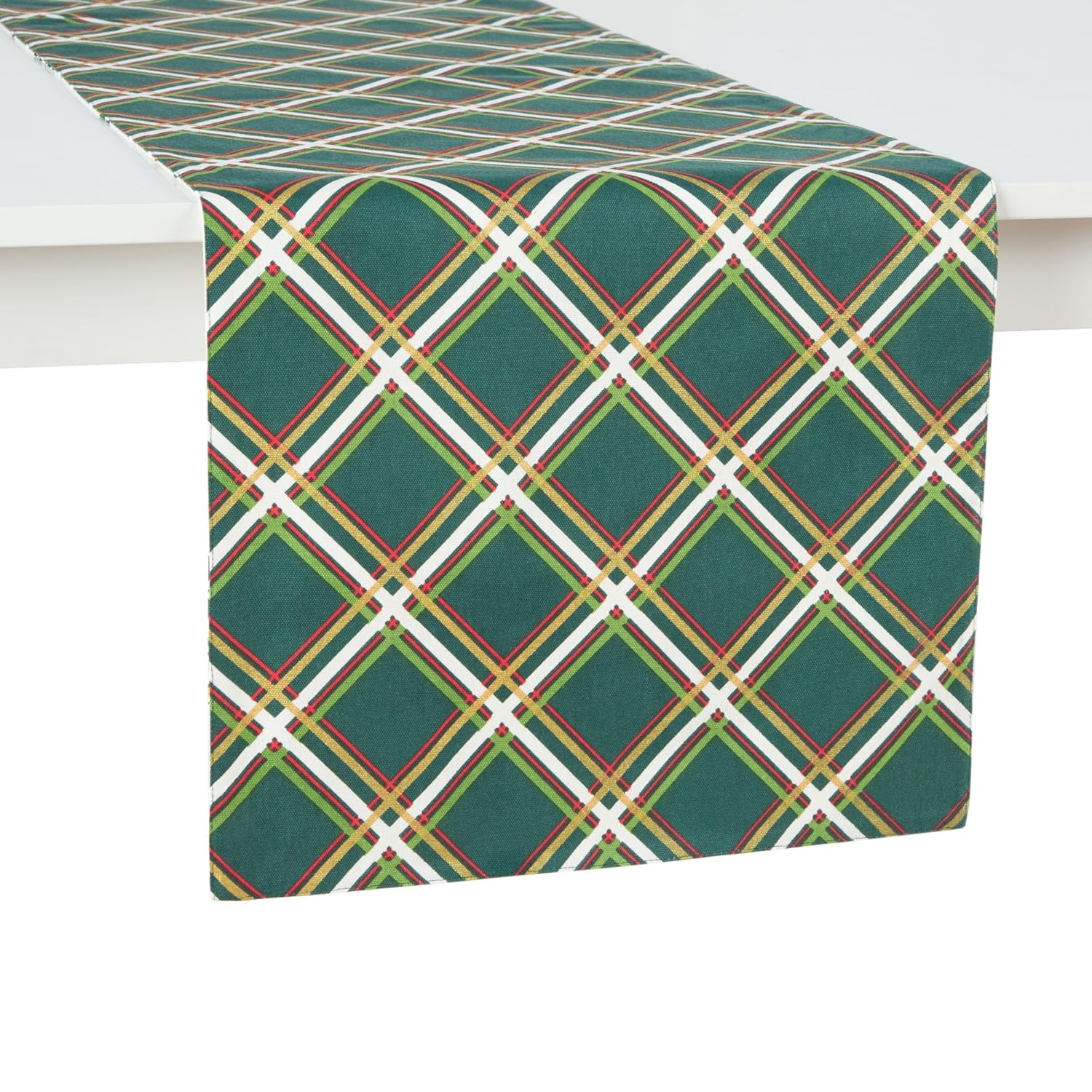 kate spade new york Holiday Confetti & Acrobat Plaid Reversible Holiday Table Runner, 100% Cotton with Metallic Print, Machine Washable, Cream/Green, 15"x72"