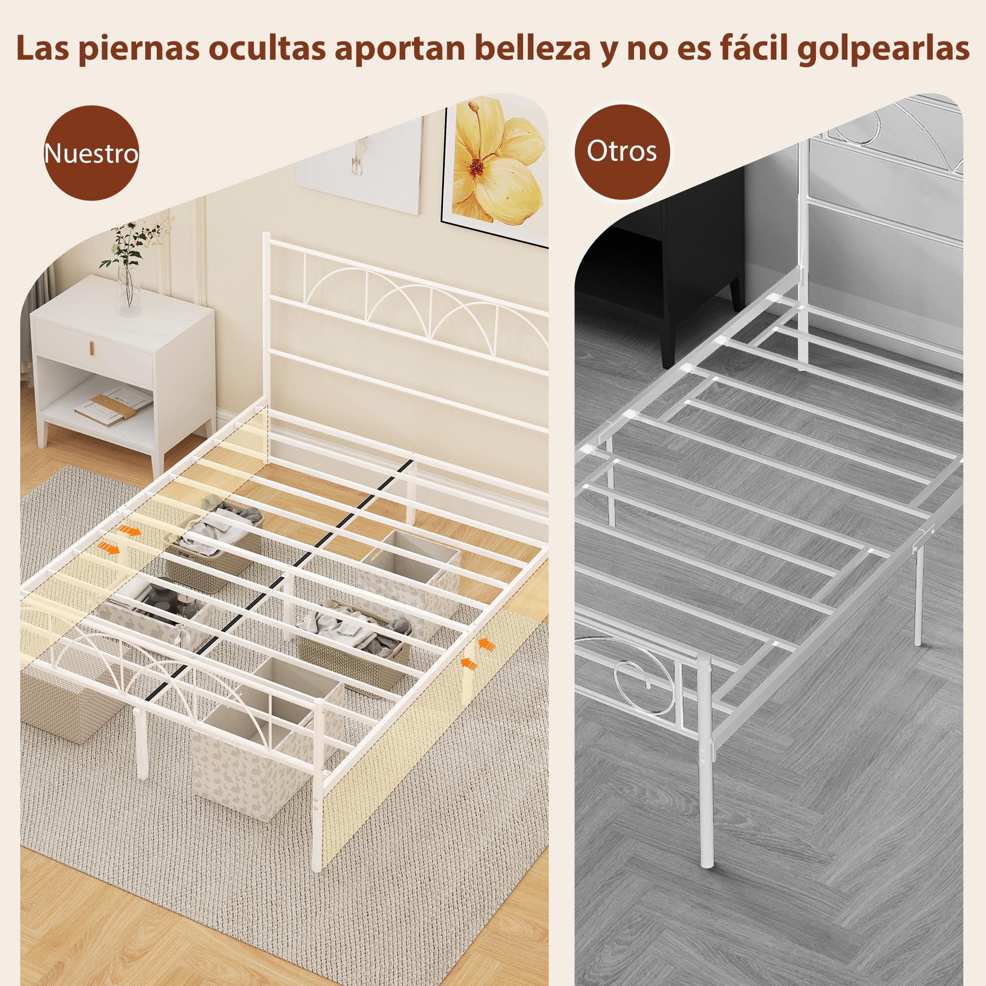 HOMCOM Cama Matrimonio 140x190 cm Estructura Acero Cabecero Almacenamiento Blanco
