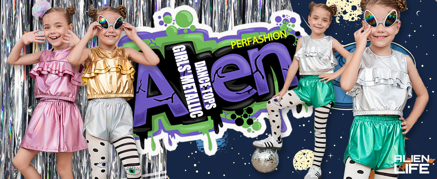 Metallisches Tanktop Für Mädchen Mit Alien-Brille – Glänzendes Party-Oberteil Für Kids