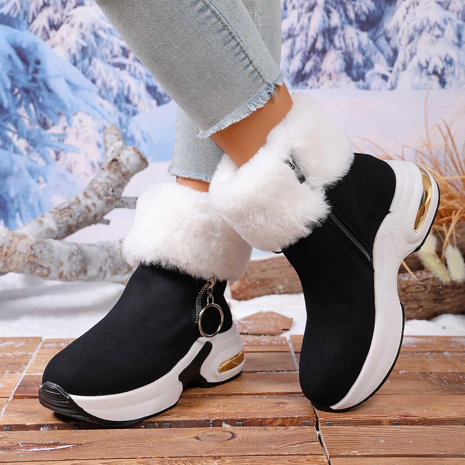 Brown Slip on Booties for Women:Fuzzy Winter Warm Comfy High Heel Short Boots Round Toe Snow Footwear Hiking Outdoor Shoes