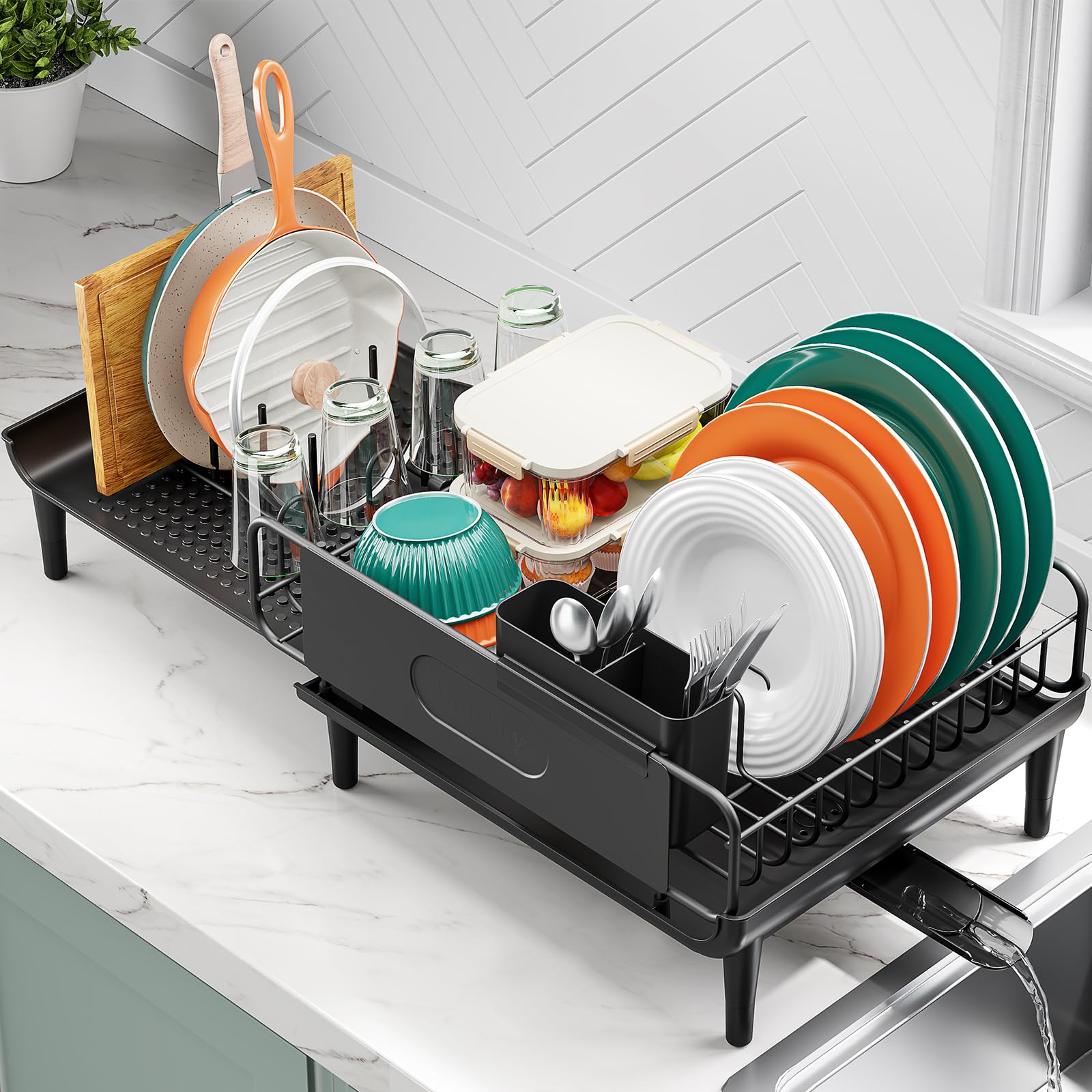 Large Extendable Dish Drying Rack, 16.93" to 26.57" Expandable Dish Rack for Kithen Counter, with Multifunctional Drainboard, Fits Any Sink,