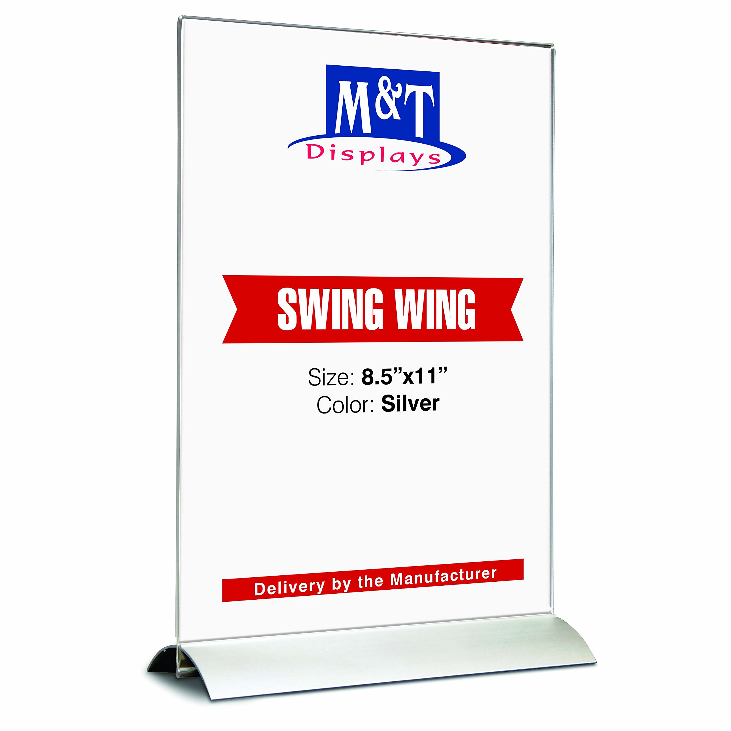 M&T Displays Advertising Silver Aluminum Base Swing Wing Sign Holder with Clear Acrylic Top 8.5x11 Inches For Office Home Classroom Hospital