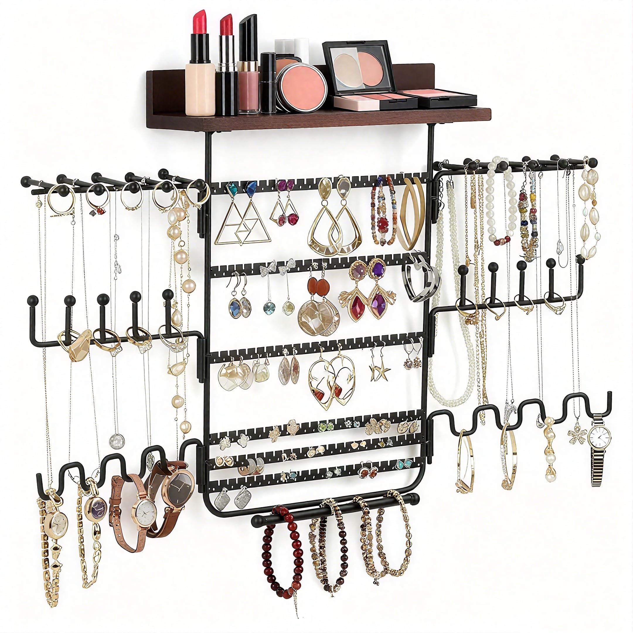 Rangement Bijoux Bois Porte-bijoux Mural Emfogoo - Bois Massif | 3 étagères | Support 20kg | Pour Colliers, Boucles D'oreilles étagère Murale Bijoux