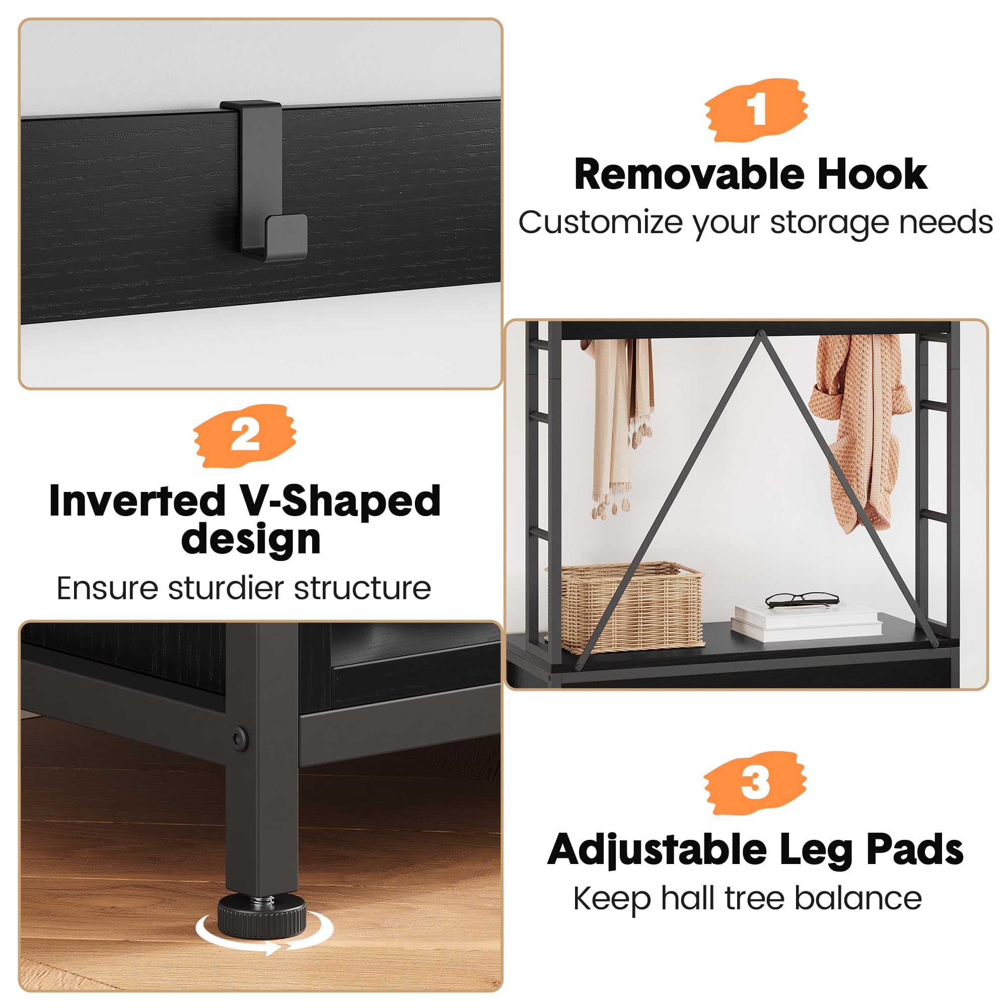 GarveeHome Perchero de recibidor 5 en 1 con banco zapatero, estantes, 17 ganchos y cajones – Organizador independiente de madera de diseño industrial – Ideal para entrada, pasillo o dormitorio – negro