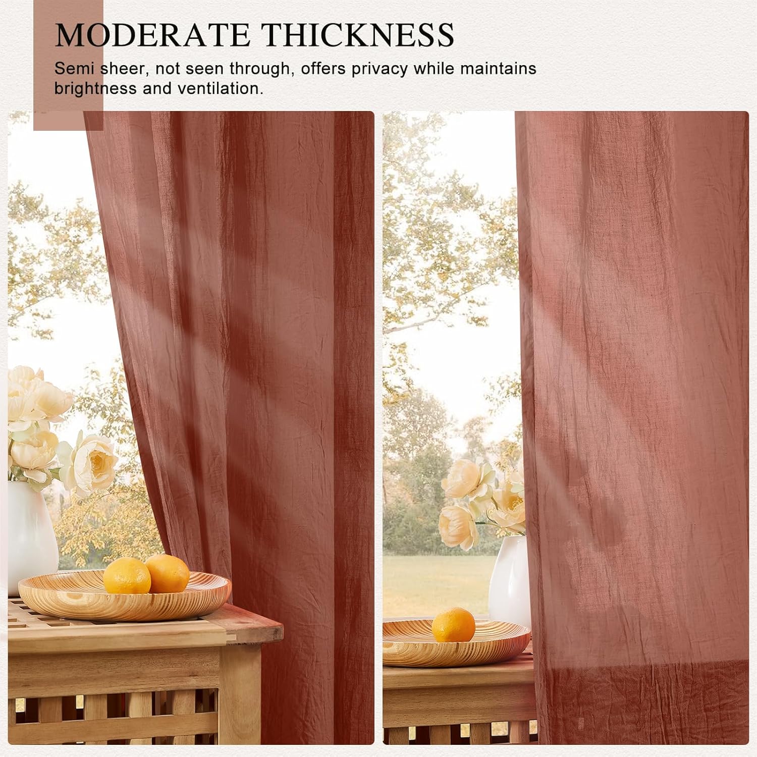 Terracotta Sheer Curtains 84 Inches Long Cotton Linen Textured for Living Room, Bedroom Light Filtering Crinkle Sheer Drapes Natural Rod Pocket Privacy Thin Curtains, W52 x L84 in, 2 Panels