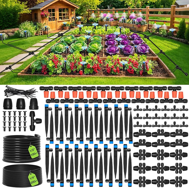 300FT Drip Irrigation System Kit, Automatic Garden Misting Watering System with 100FT 1/2" & 200FT 1/4" Irrigation Tubing, Fitting, Adjustable Emitter for Greenhouse Lawn Raised Bed Potted Plant