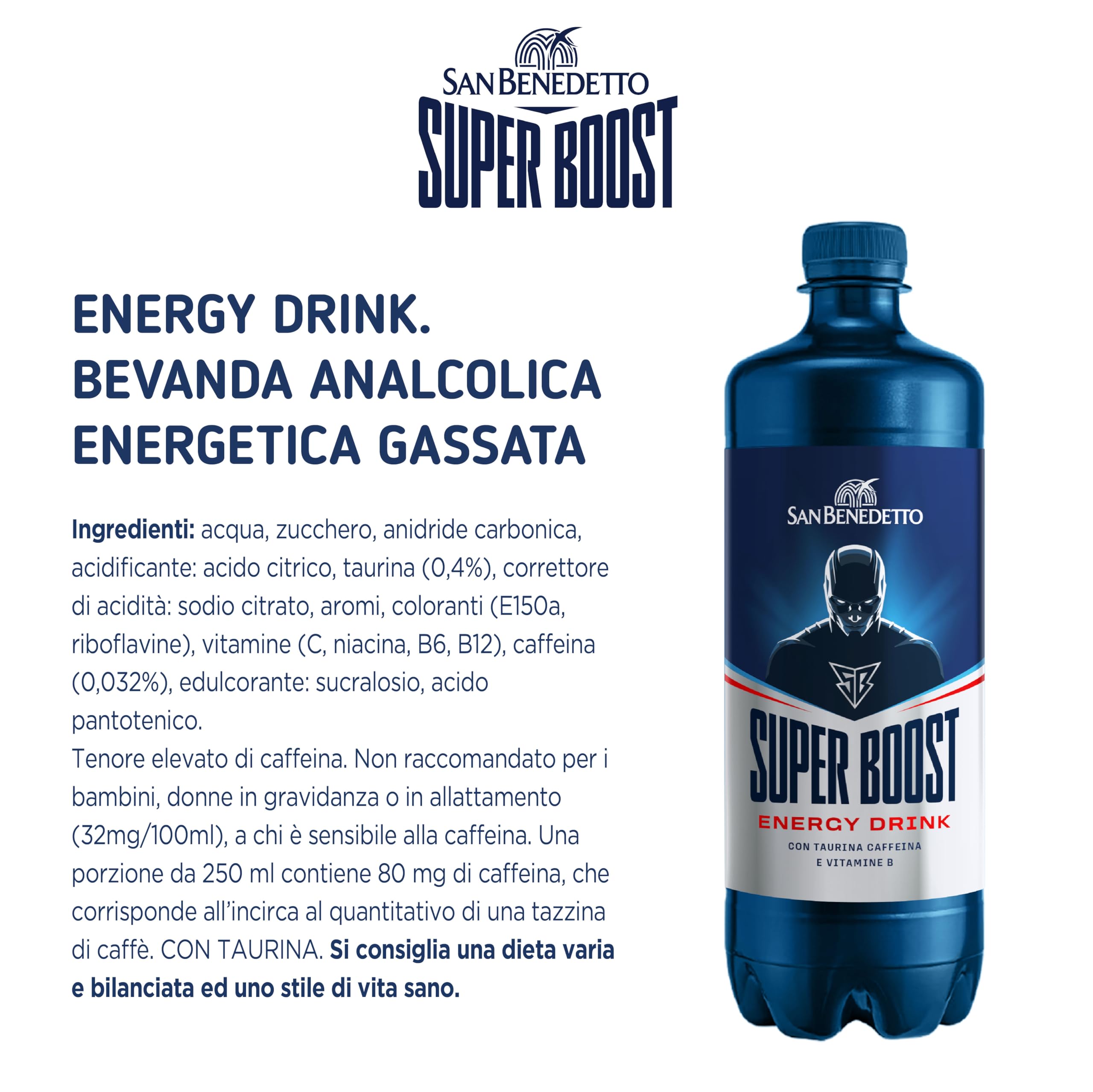 San Benedetto, Energy Drink Super Boost, 12x0,75 l, Bevanda Analcolica Energetica Gassata, Gusto Rinfrescante, con Taurina e Caffeina