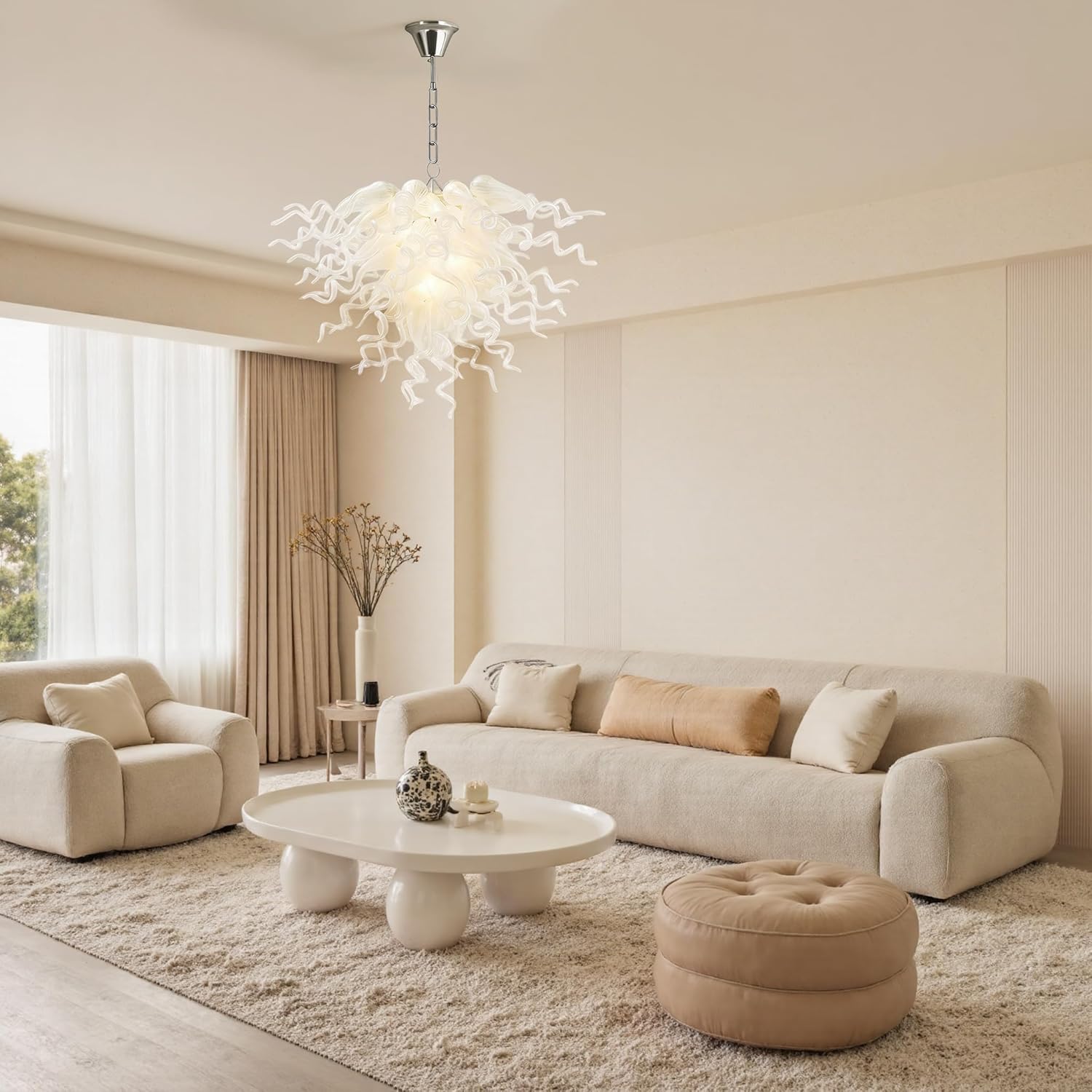 Translucent Pearl Hand Blown Glass Chandelier, Clear White Glass, 32" Customizable Diameter, 4-8 E14 LED Bulbs Included (3-Color Adjustable), Living Room, Dining Room, Bedroom (28" Wx24 H)